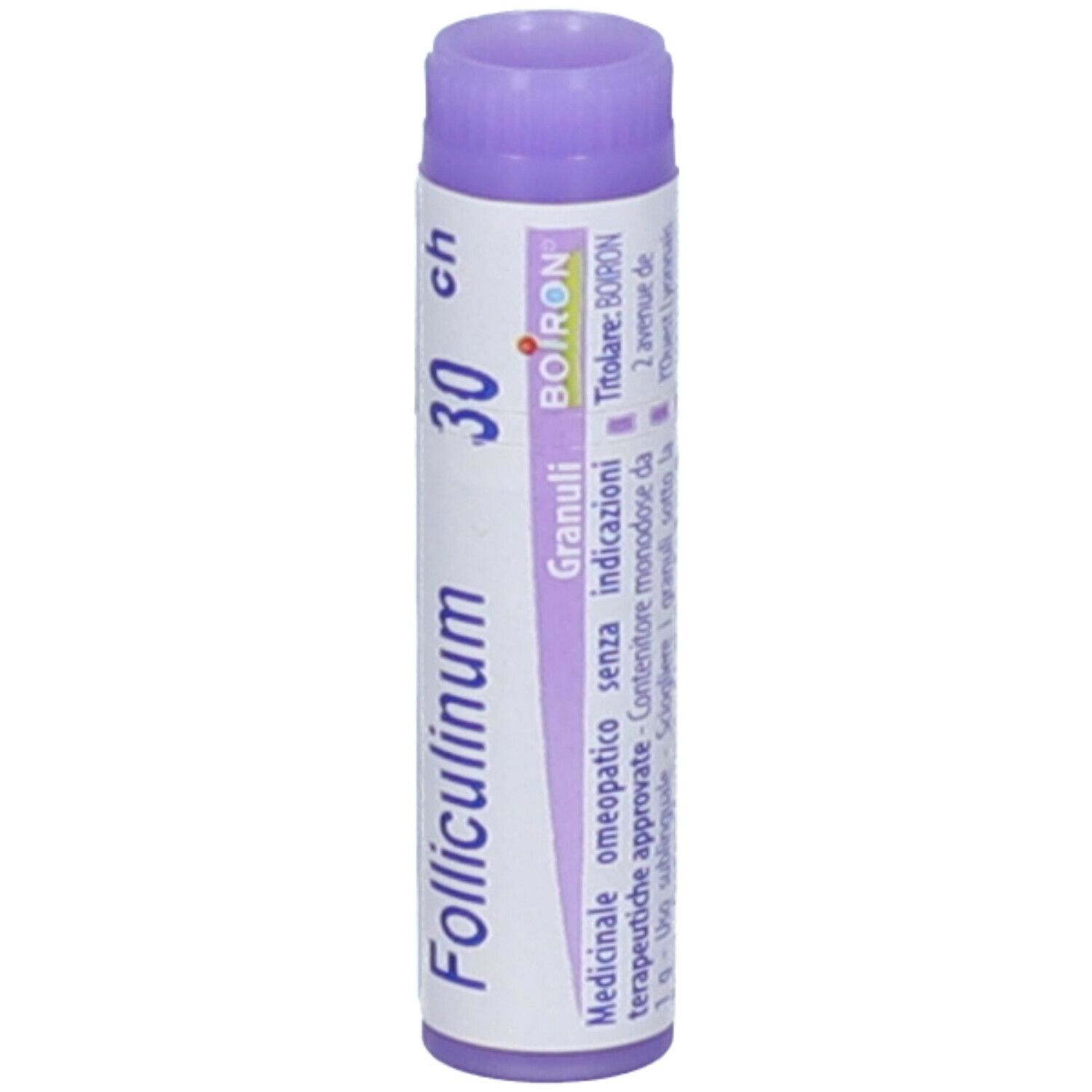 Confezione cilindrica "Folliculinum 30 ch". Tappo viola. Testo e logo BOIRON.