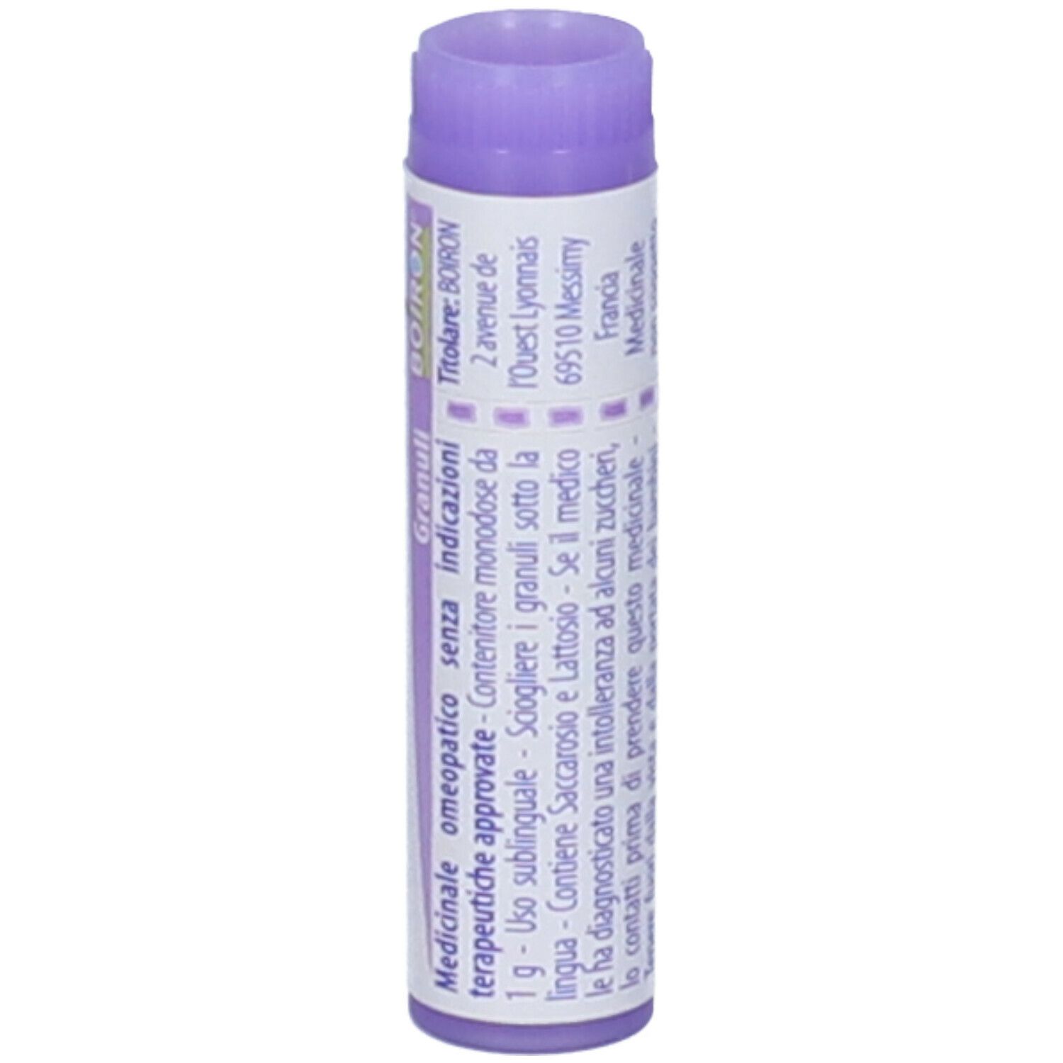 Confezione cilindrica "Folliculinum 30 ch". Tappo viola. Testo e logo BOIRON.