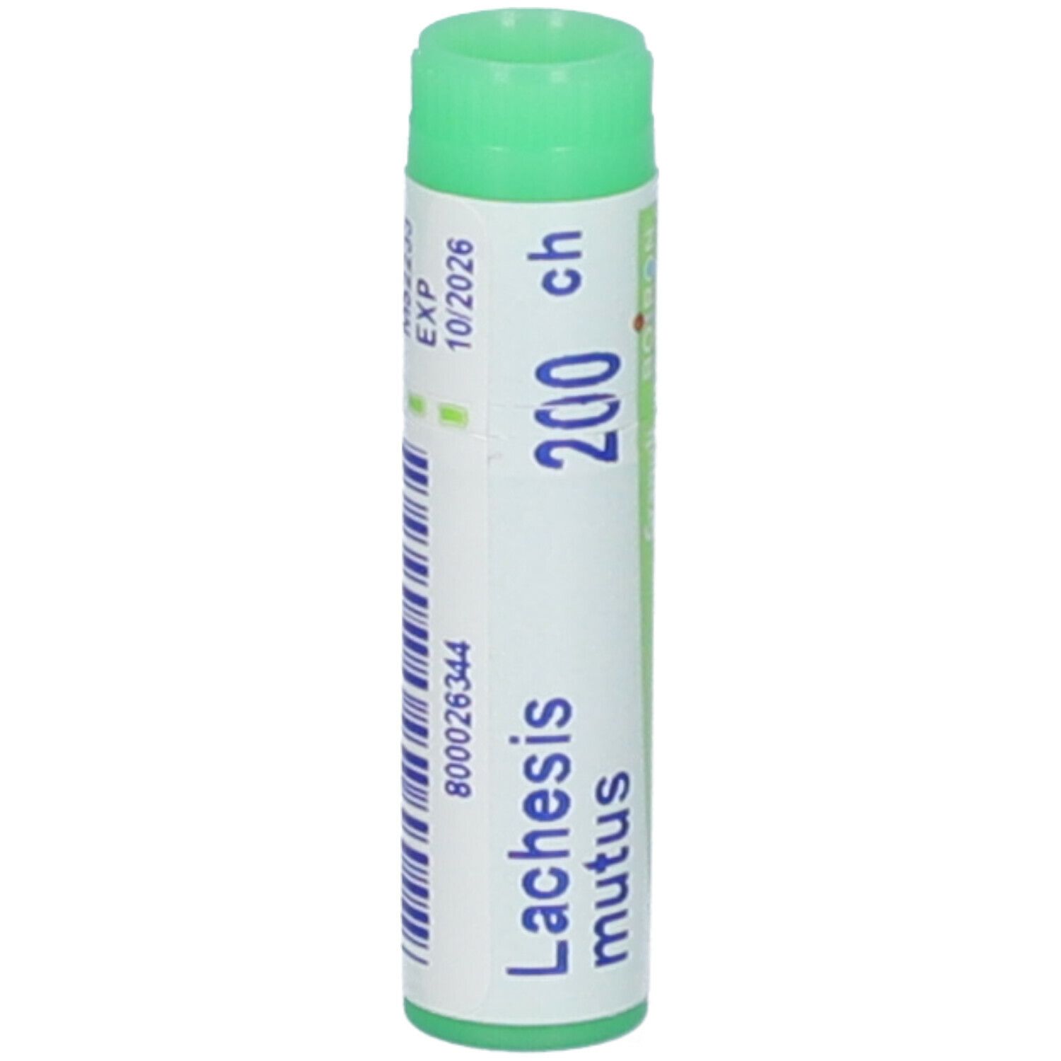 Contenitore cilindrico con tappo verde. Scritta: Lachesis mutus, 200 ch, EXP 10/2026.