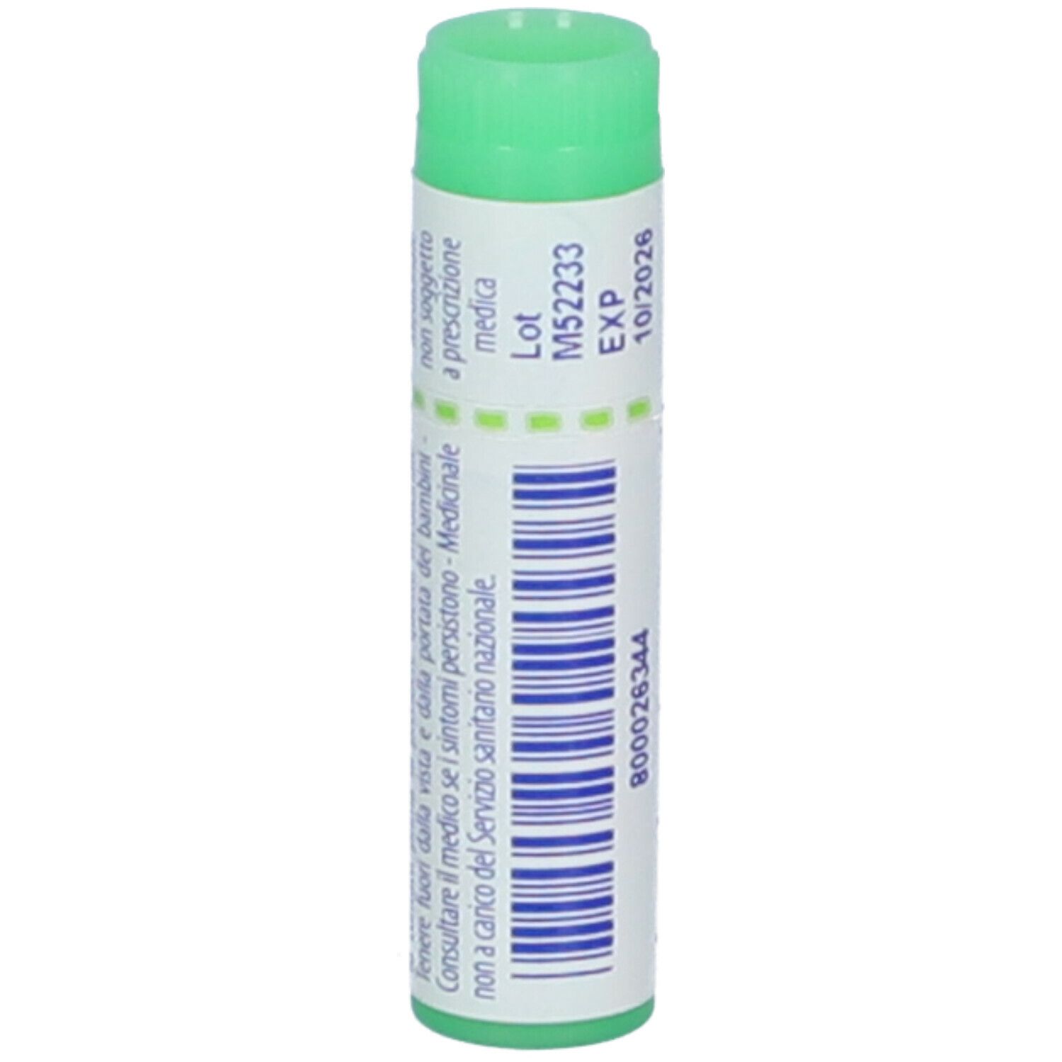 Contenitore cilindrico con tappo verde. Scritta: Lachesis mutus, 200 ch, EXP 10/2026. Testo.