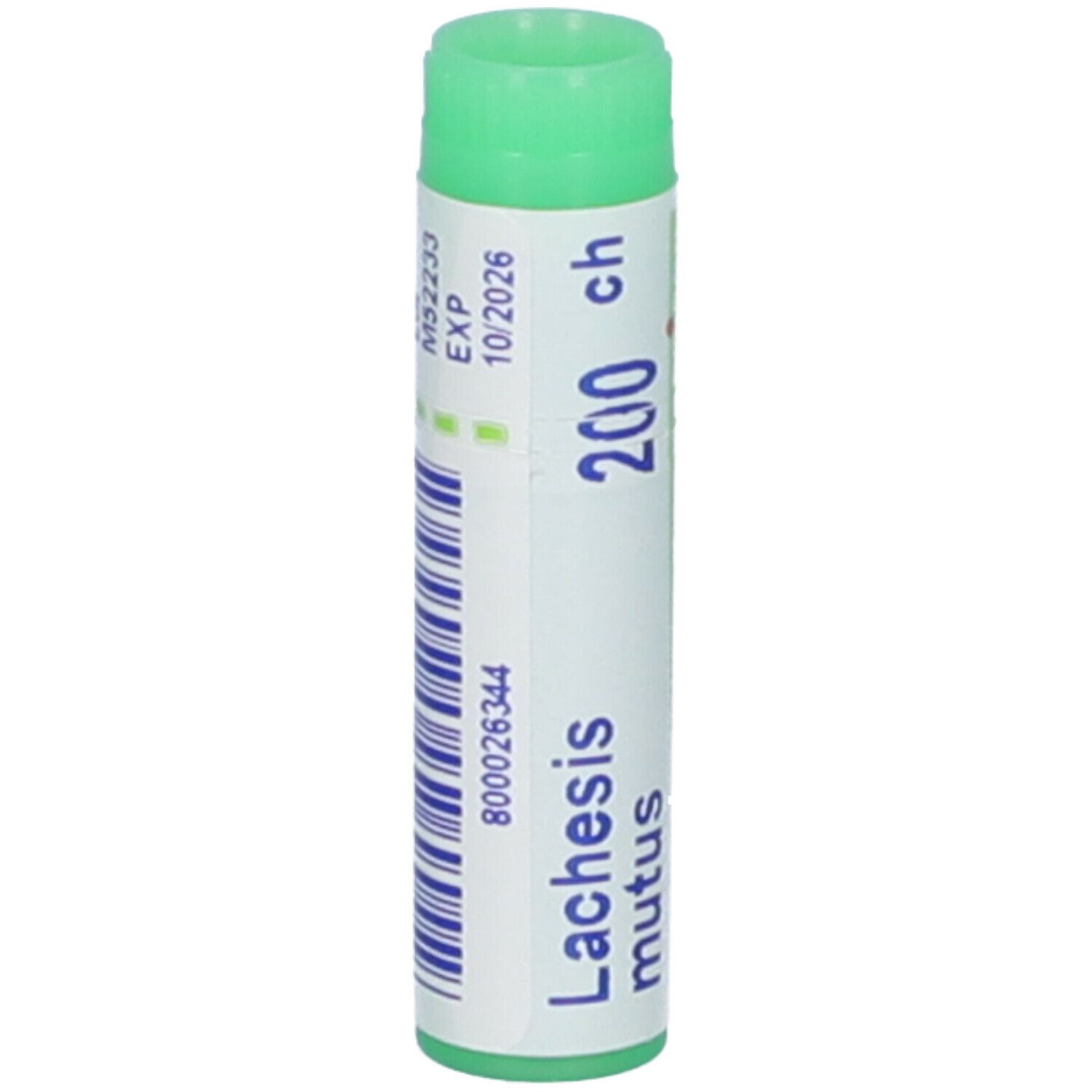 Contenitore cilindrico con tappo verde. Scritta: Lachesis mutus, 200 ch, EXP 10/2026.