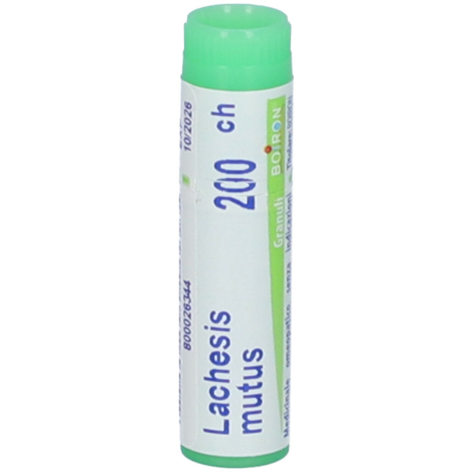 Contenitore cilindrico con tappo verde. Scritta: Lachesis mutus, 200 ch, EXP 10/2026, BOIRON.