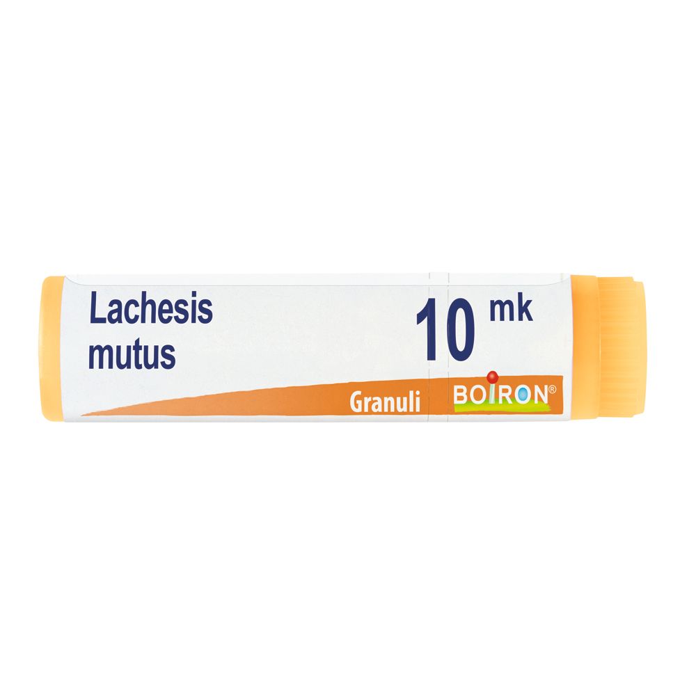Confezione cilindrica con estremità gialle. Scritta: Lachesis mutus, 10 mk, Granuli, BOIRON.