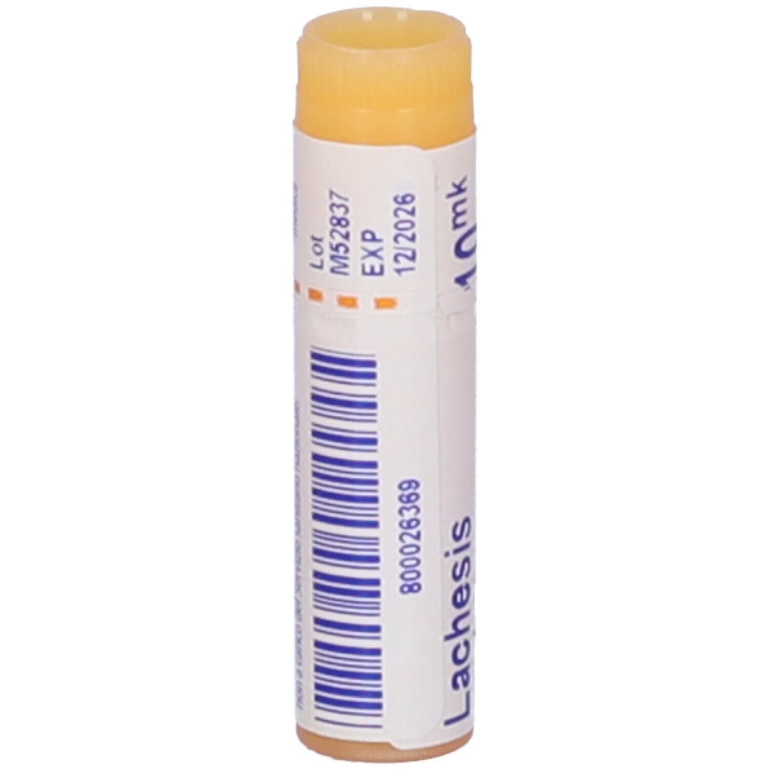 Confezione cilindrica, tappo giallo. Scritta: Lachesis, 10 mk. Codice a barre e scadenza 12/2026.