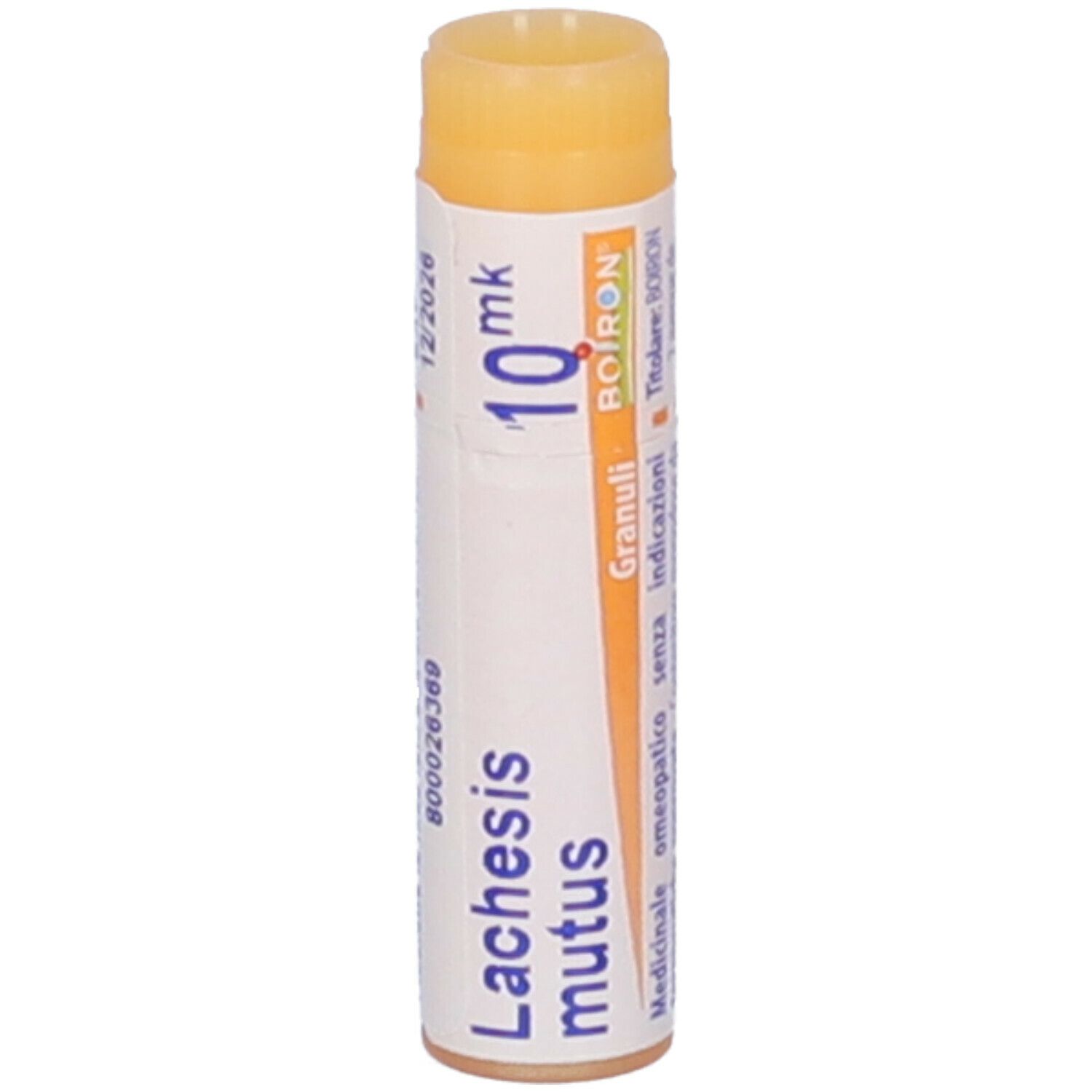 Confezione cilindrica, tappo giallo. Scritta: Lachesis mutus, 10 mk, Granuli, BOIRON. Codice a barre.