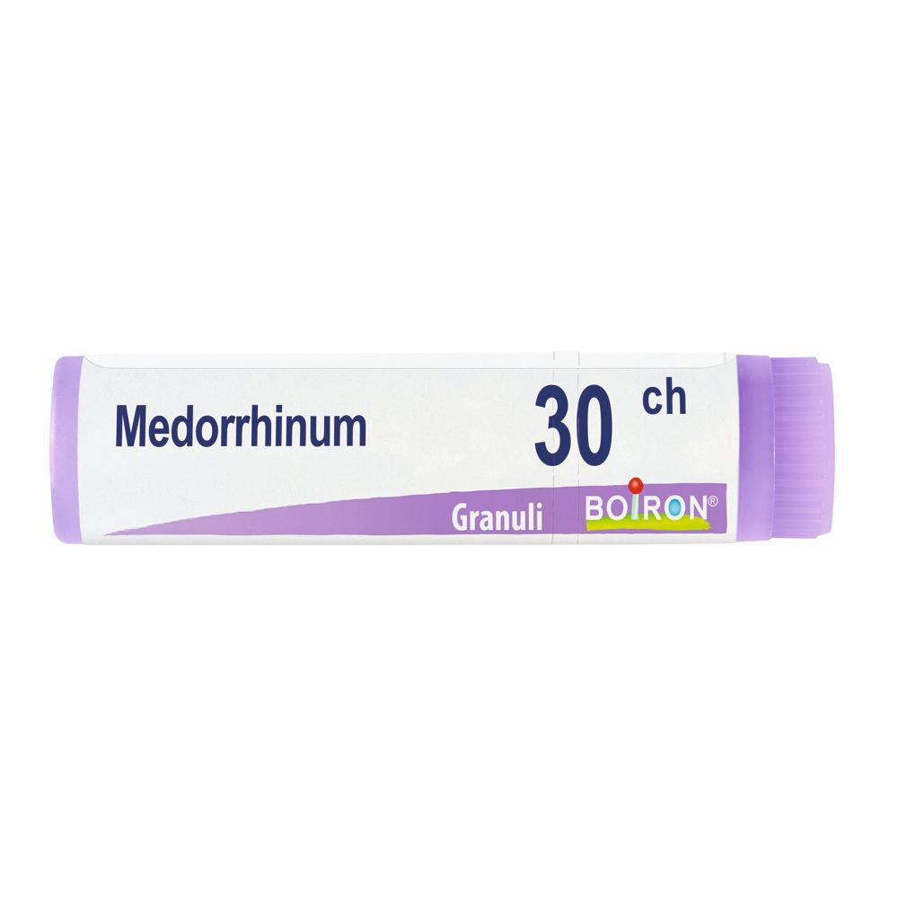 Confezione cilindrica "Medorrhinum 30 ch Granuli" BOIRON. Tappo e scritte viola.