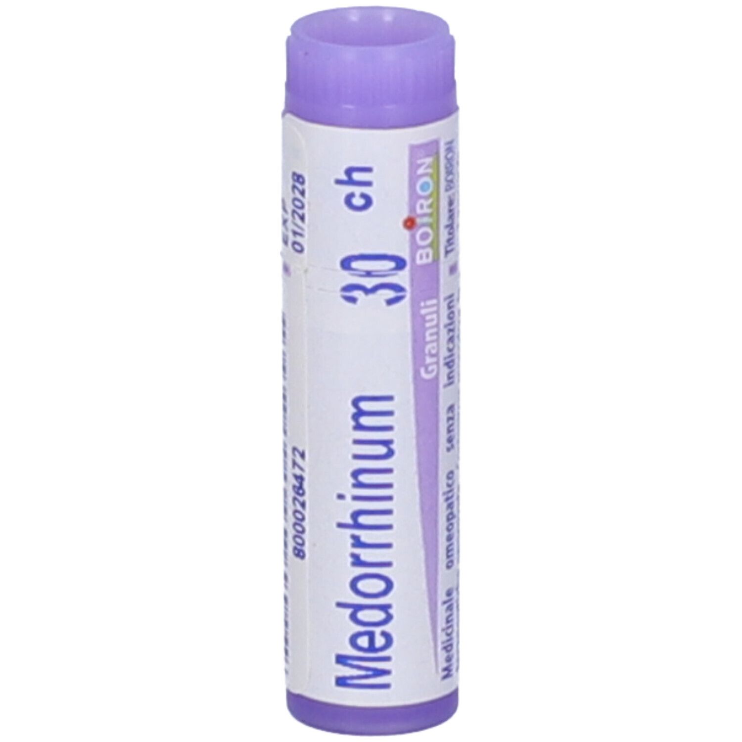 Confezione cilindrica "Medorrhinum 30 ch". Tappo viola. Numero lotto e scadenza.