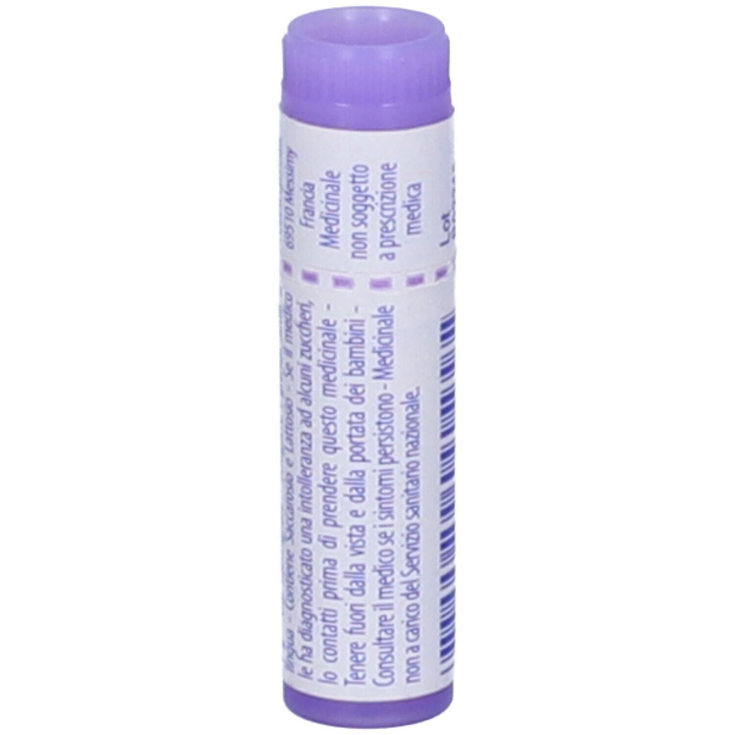 Confezione cilindrica con testo. Tappo viola. Testo: Medicinale, non soggetto a prescrizione.
