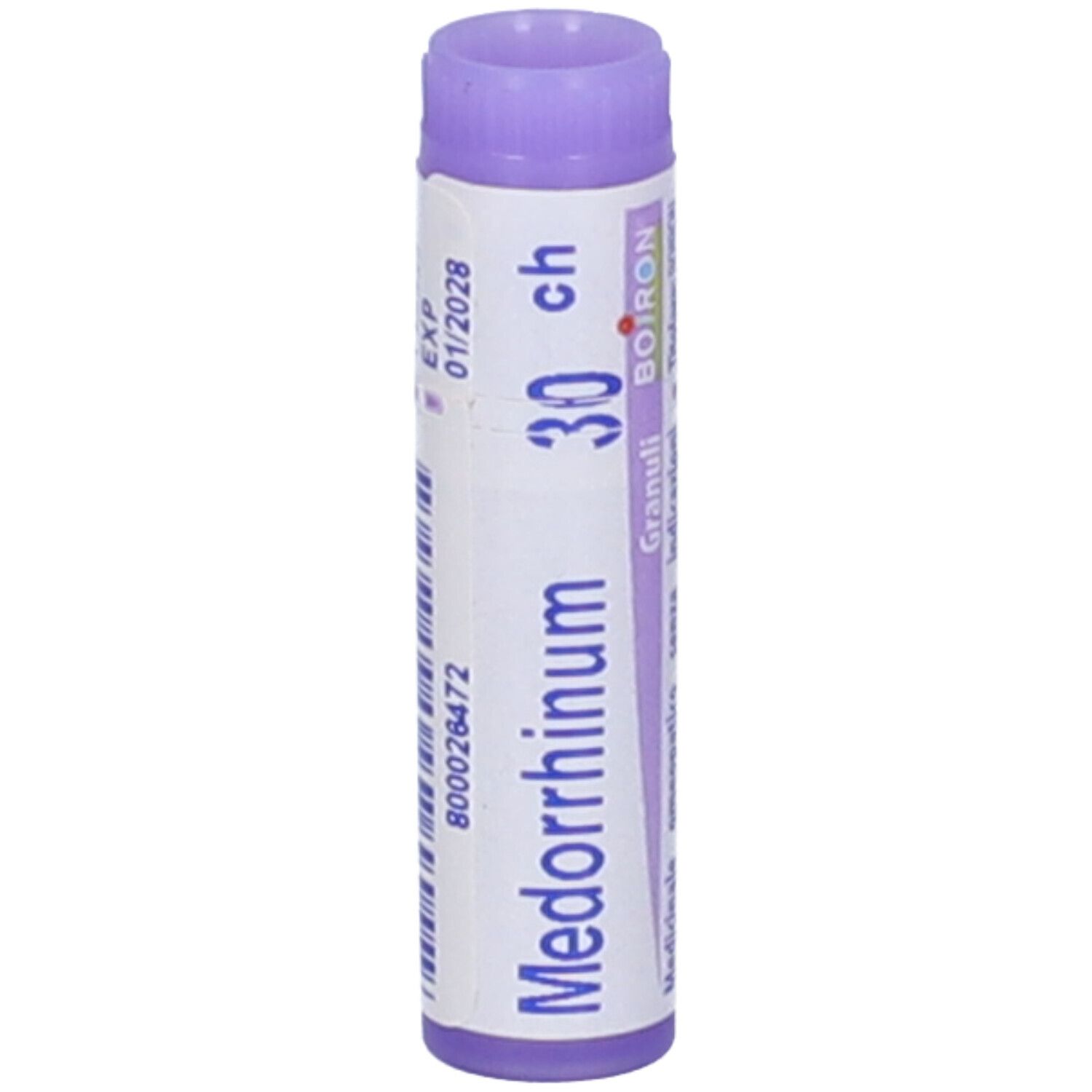 Confezione cilindrica "Medorrhinum 30 ch" e logo BOIRON. Tappo viola. Dettagli: lotto, data.