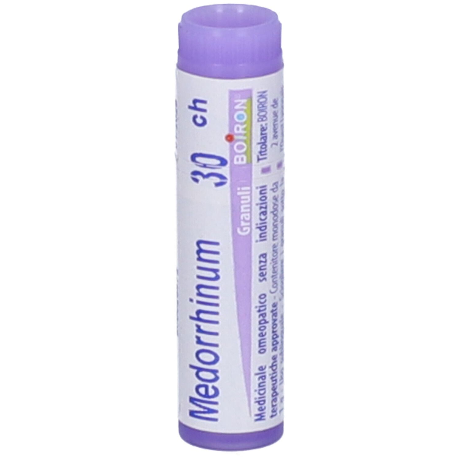 Confezione cilindrica "Medorrhinum 30 ch" e logo BOIRON. Tappo viola. Testo: Granuli.