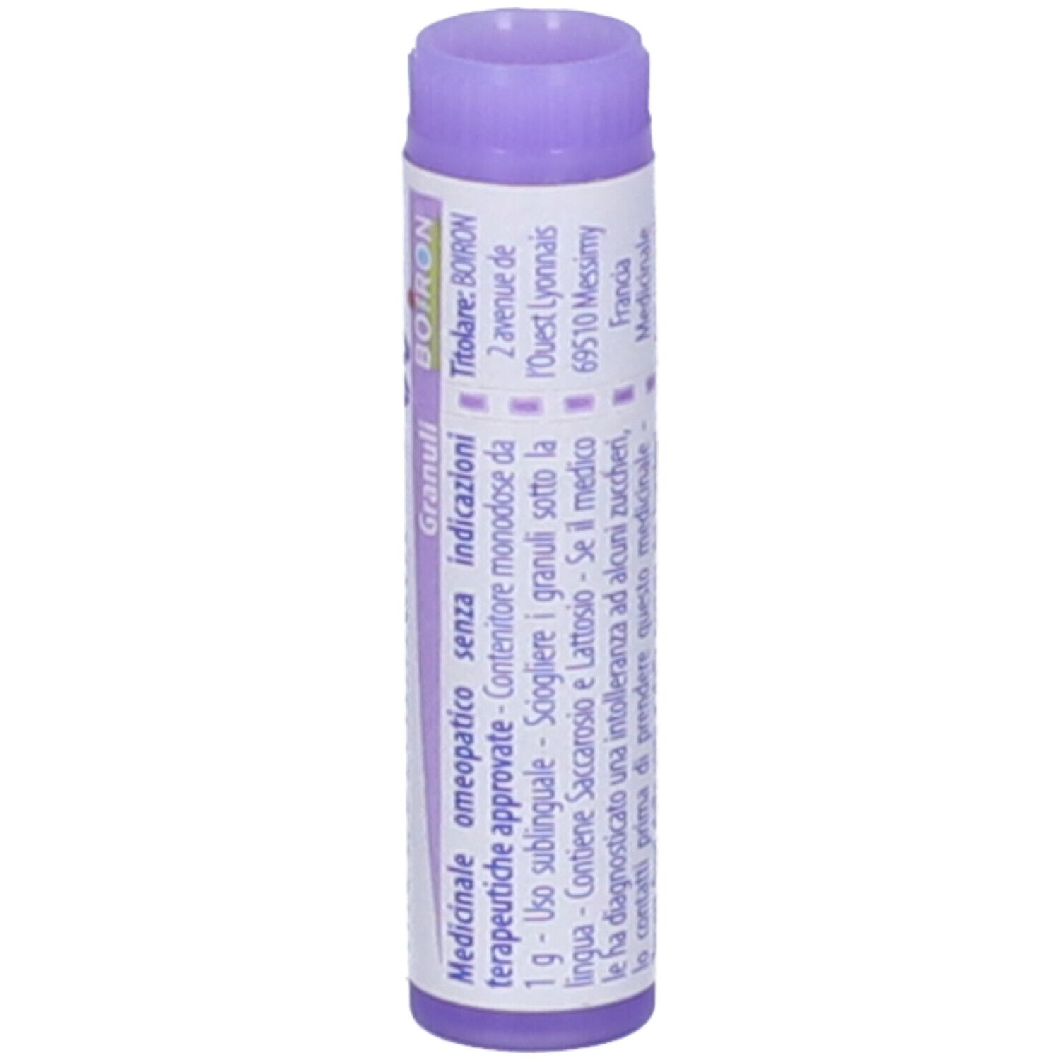 Confezione cilindrica con testo e logo BOIRON. Tappo viola. Testo: Medicinale omeopatico.
