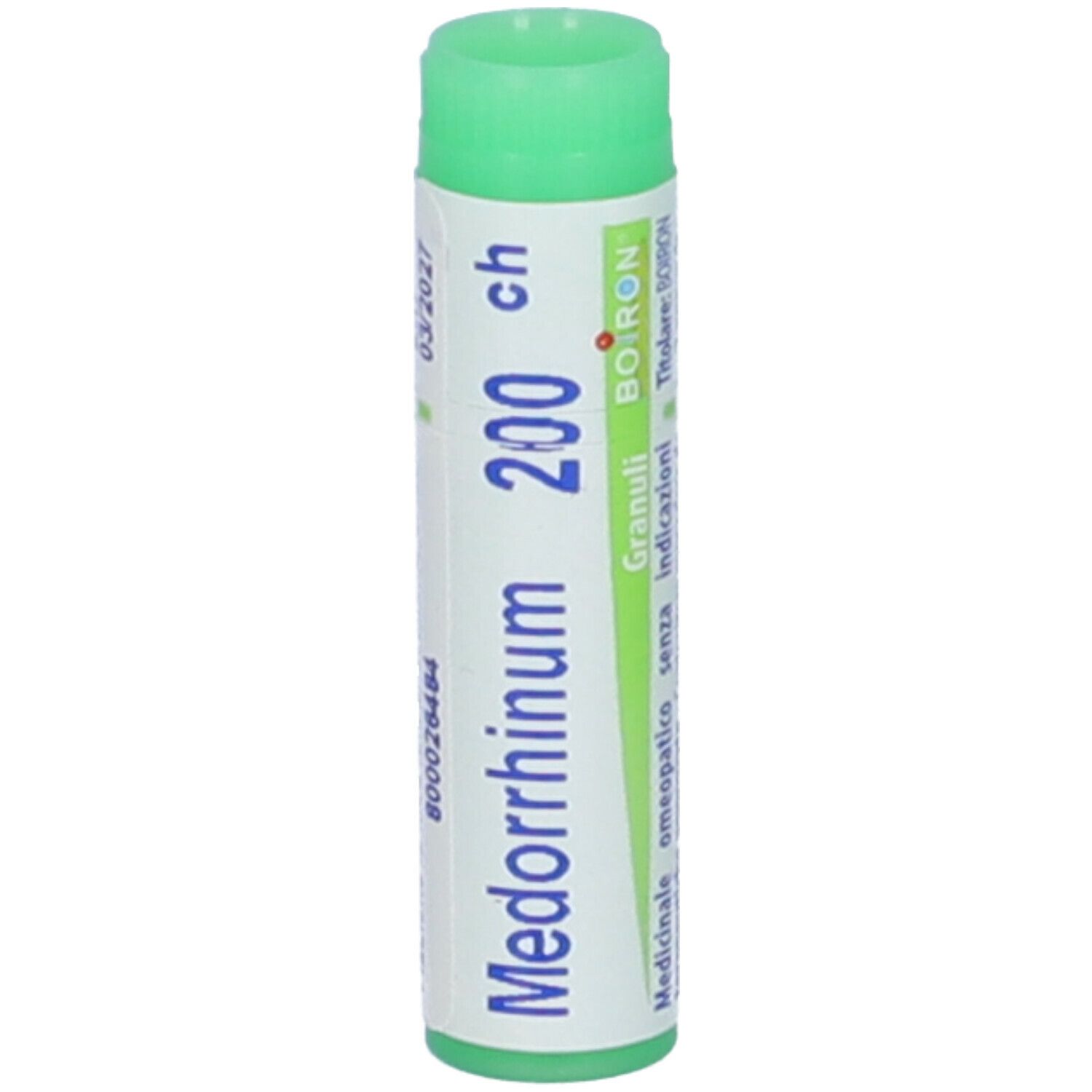 Tubo cilindrico con tappo verde. Scritta: Medorrhinum 200 ch, BOIRON, Granuli. Scadenza 03/2027.