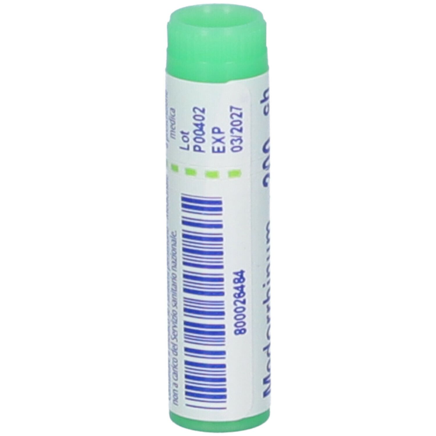 Tubo cilindrico con tappo verde. Scritta: Medorrhinum 200 ch. Altre informazioni e codice a barre.