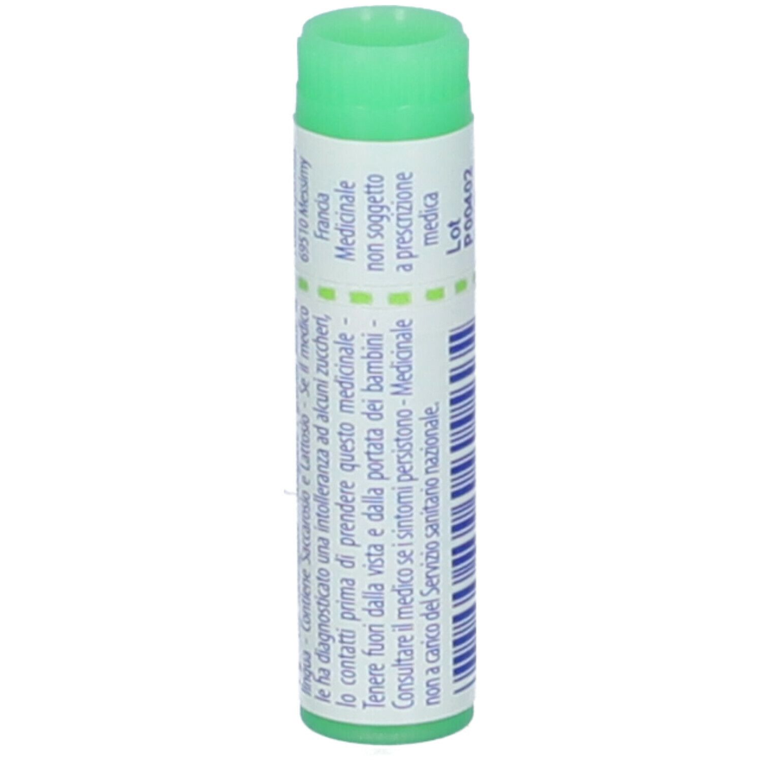 Tubo cilindrico con tappo verde. Scritta: Medorrhinum 200 ch. Altre informazioni e codice a barre.