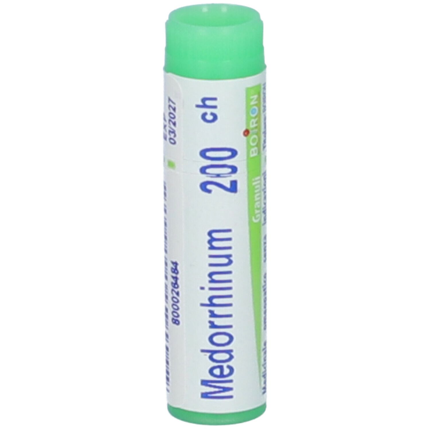 Tubo cilindrico con tappo verde. Scritta: Medorrhinum 200 ch, BOIRON, Granuli. Scadenza 03/2027.