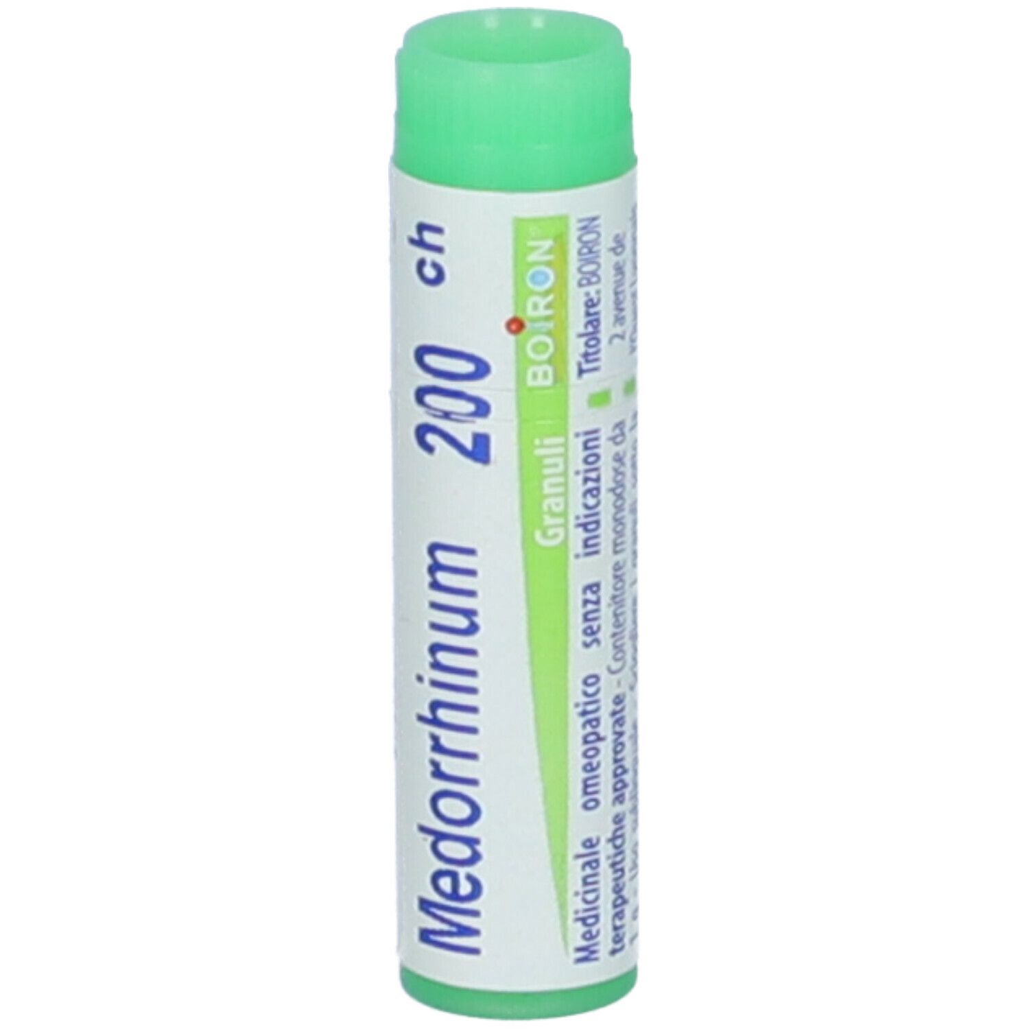Tubo cilindrico con tappo verde. Scritta: Medorrhinum 200 ch, BOIRON, Granuli. Altre informazioni.