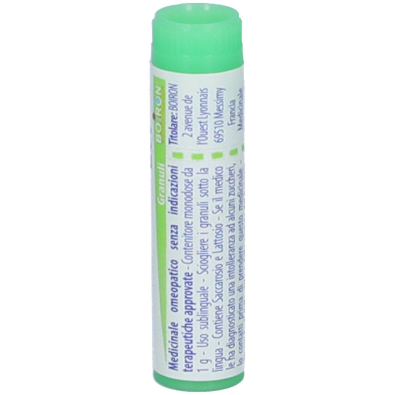Tubo cilindrico con tappo verde. Scritta: Medorrhinum 200 ch, BOIRON, Granuli. Altre informazioni.
