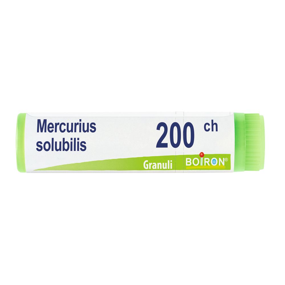 Tubo bianco BOIRON Mercurius solubilis 200 Ch Globuli. Scritta: Mercurius solubilis, 200 ch, Granuli, BOIRON. Tappo verde.