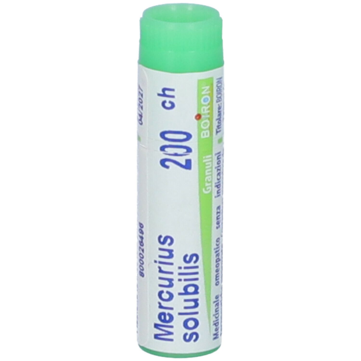 Tubo cilindrico BOIRON Mercurius solubilis 200 ch Globuli. Scritta: Mercurius solubilis, 200 ch, Granuli, BOIRON. Tappo verde.