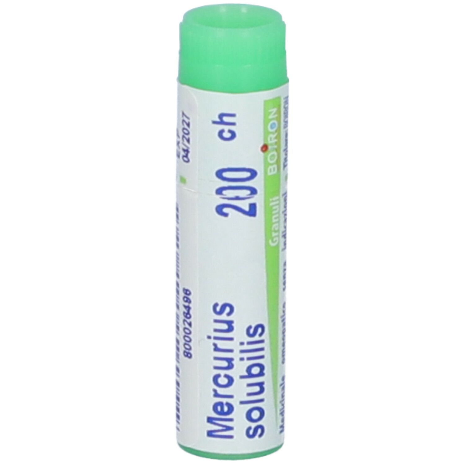 Tubo cilindrico BOIRON Mercurius solubilis 200 ch Globuli. Scritta: Mercurius solubilis, 200 ch, Granuli, BOIRON. Tappo verde.
