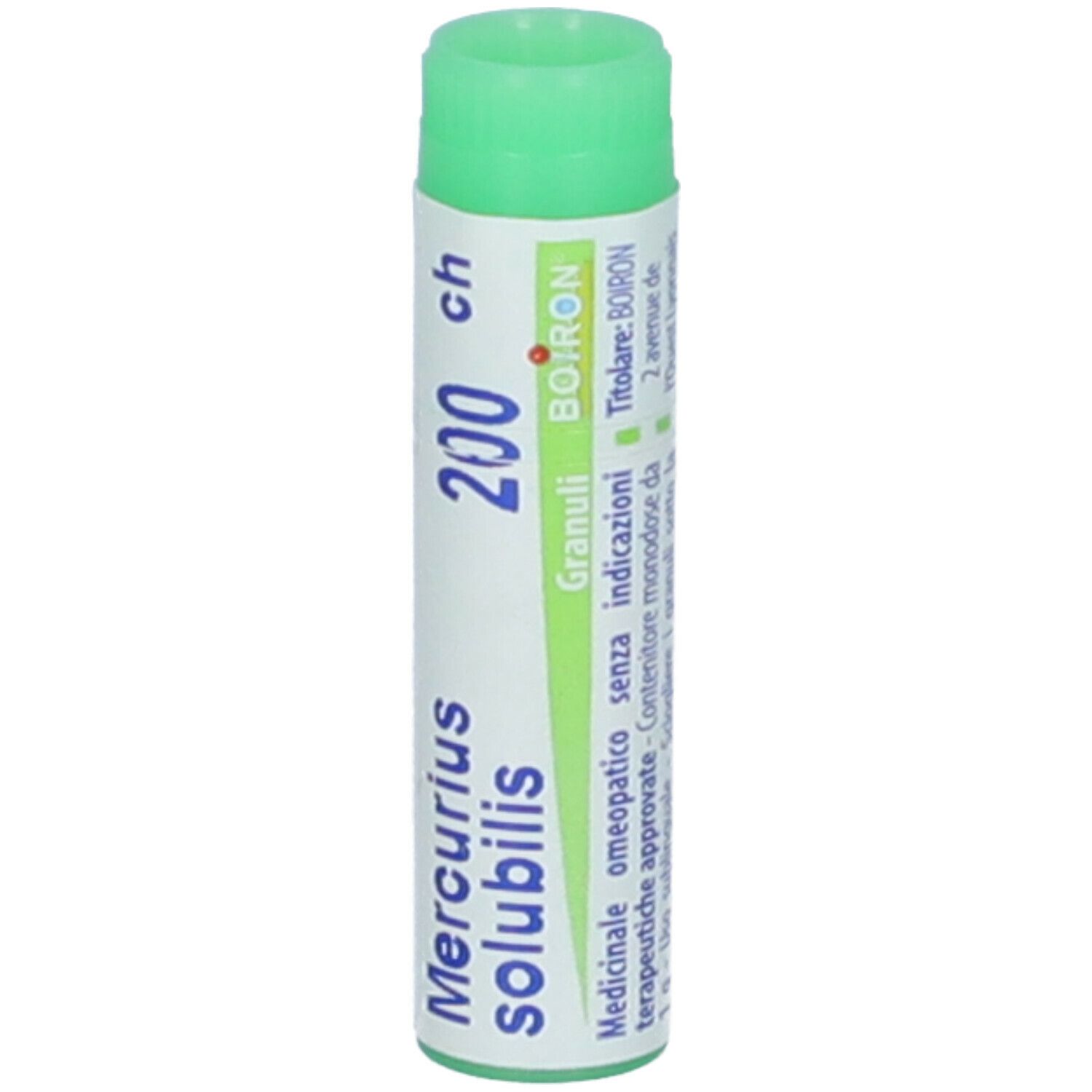 Tubo cilindrico BOIRON Mercurius solubilis 200 ch Globuli. Scritta: Mercurius solubilis, 200 ch, Granuli, BOIRON. Tappo verde.