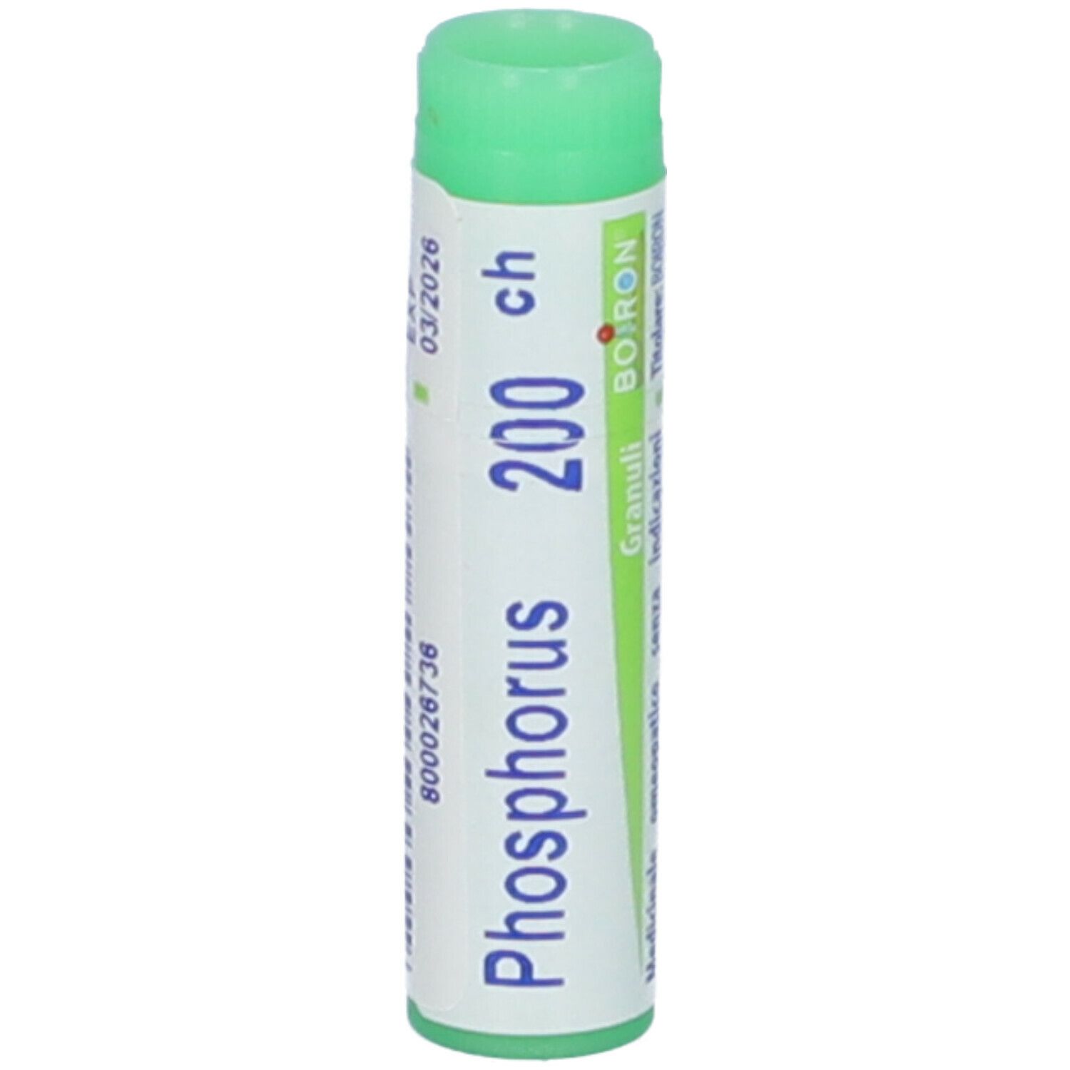 Tubo cilindrico con tappo verde. Scritta: Phosphorus 200 ch, BOIRON, Granuli. Scadenza 03/2026.