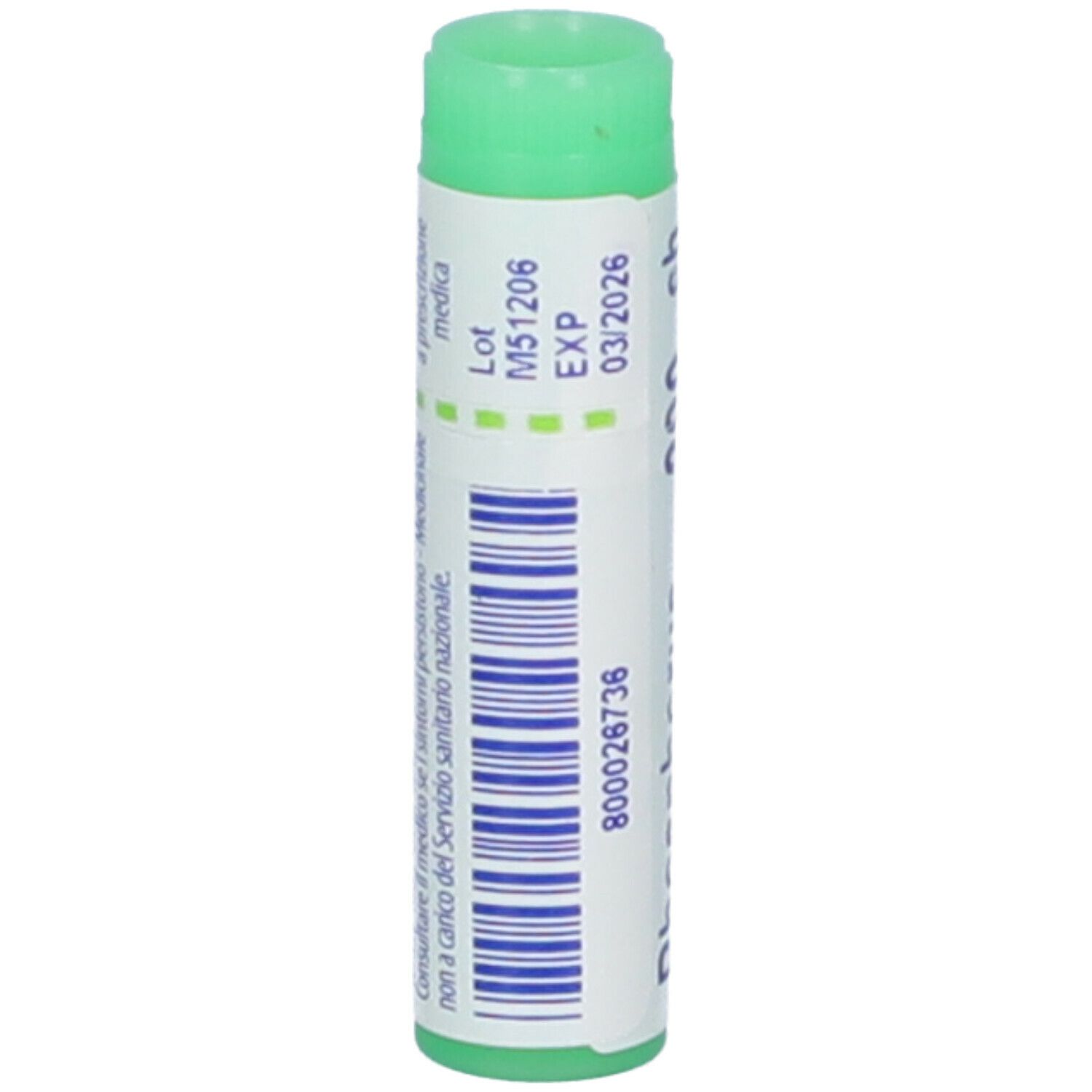 Tubo cilindrico con tappo verde. Scritta: Phosphorus 200 ch. Codice a barre e altre informazioni.