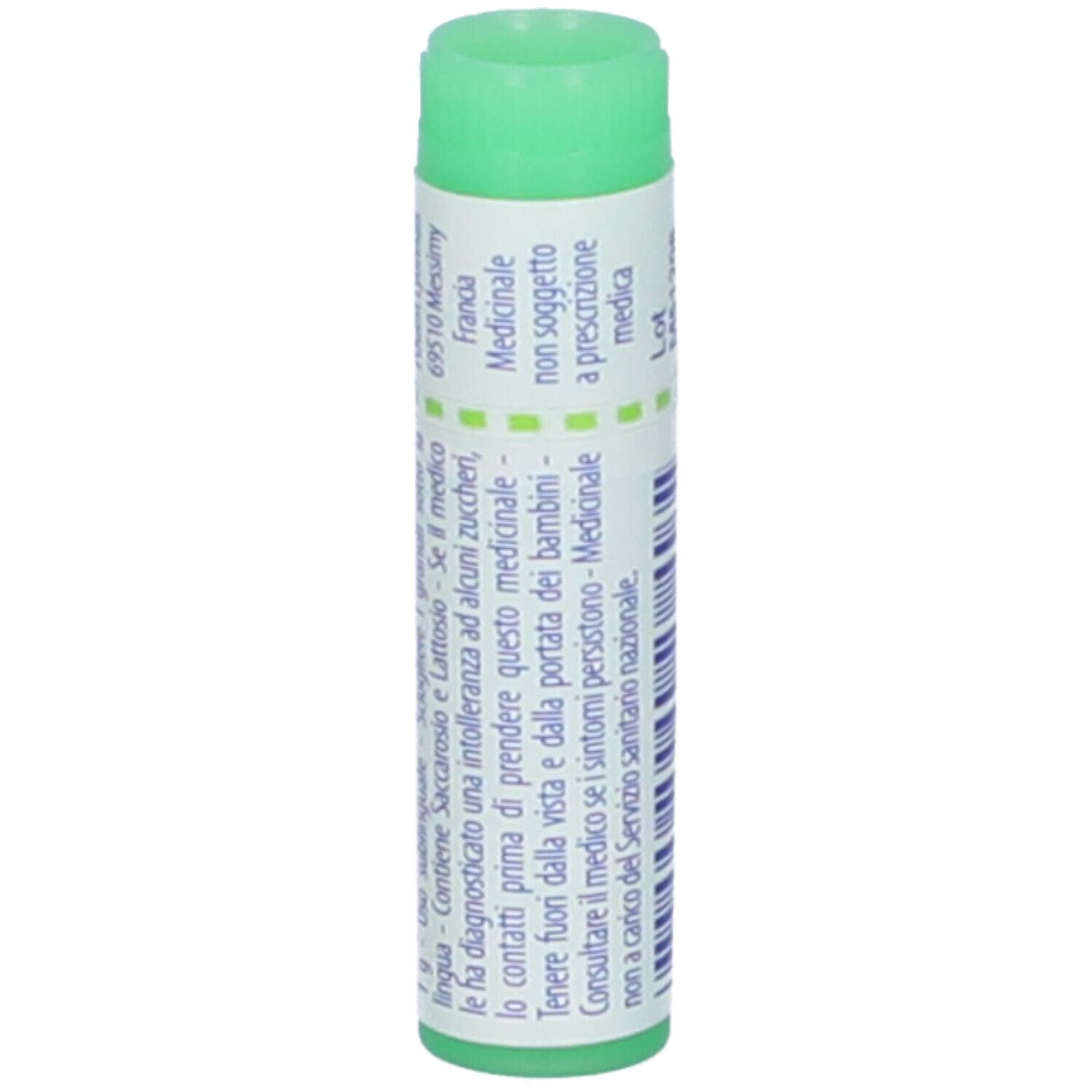 Tubo cilindrico con tappo verde. Scritta: Phosphorus 200 ch. Altre informazioni e codice a barre.