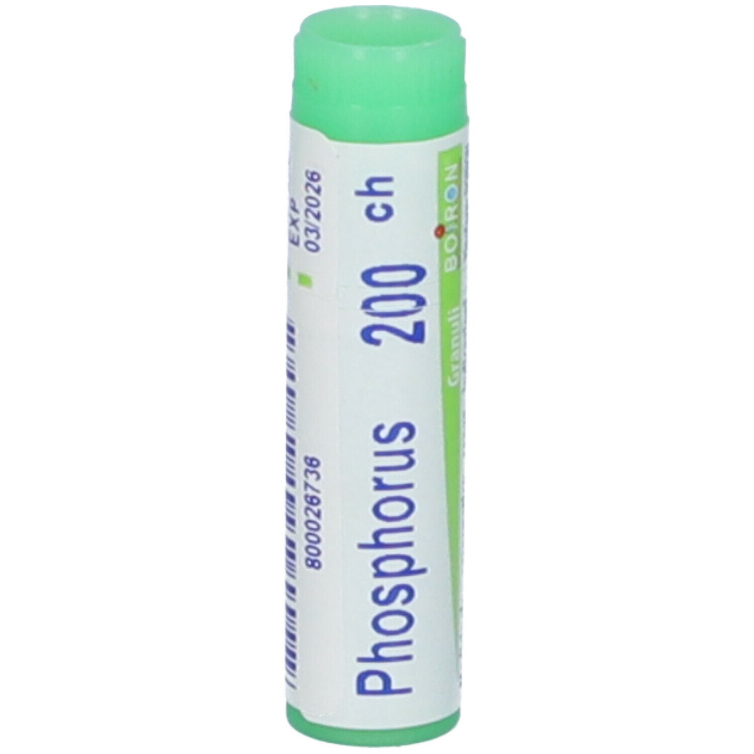 Tubo cilindrico con tappo verde. Scritta: Phosphorus 200 ch. Altre informazioni.