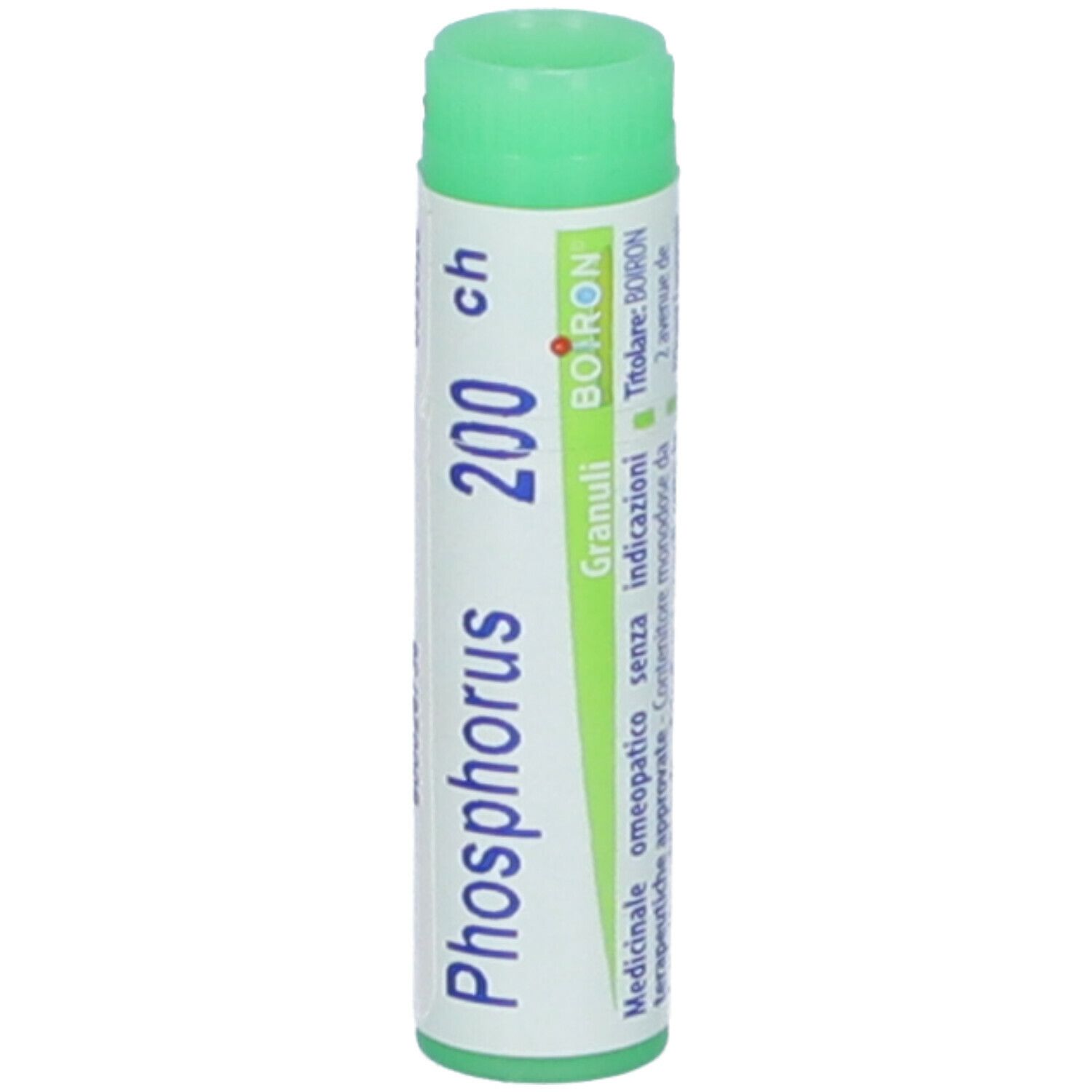 Tubo cilindrico con tappo verde. Scritta: Phosphorus 200 ch, BOIRON, Granuli.