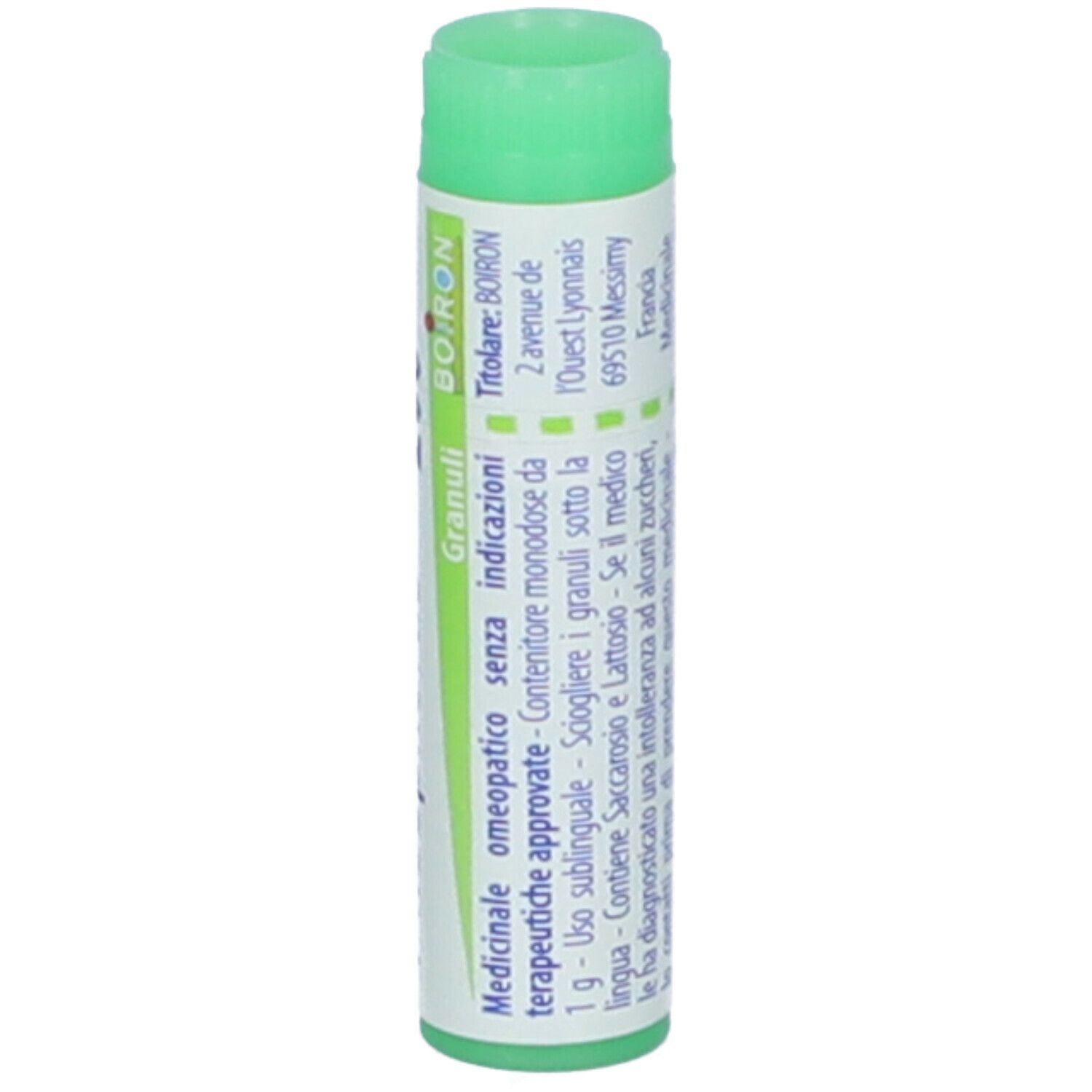 Tubo cilindrico con tappo verde. Scritta: Phosphorus 200 ch, BOIRON, Granuli. Altre informazioni.