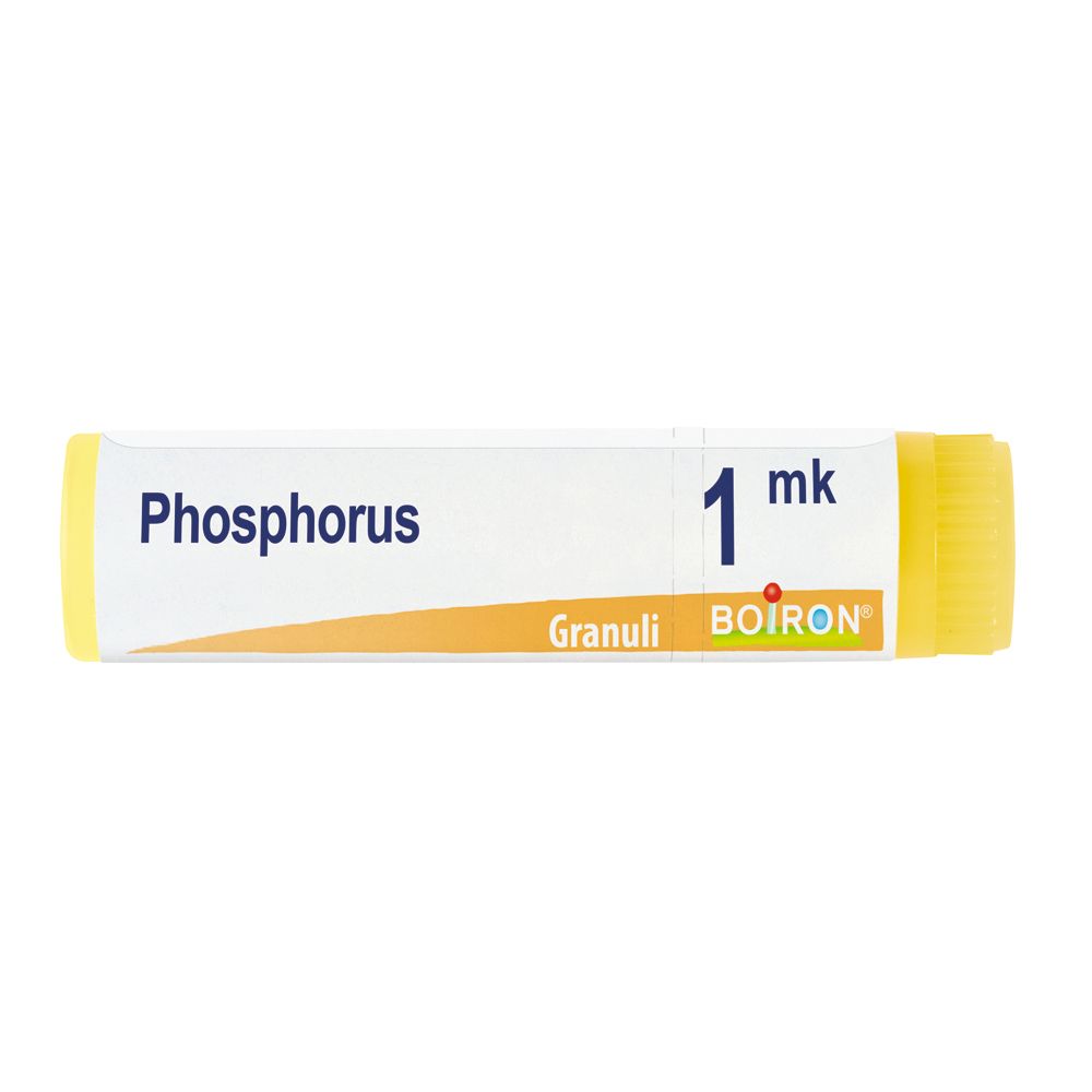 Tubo bianco con estremità gialle. Scritta Phosphorus, Granuli e BOIRON. Contiene 1 mk.