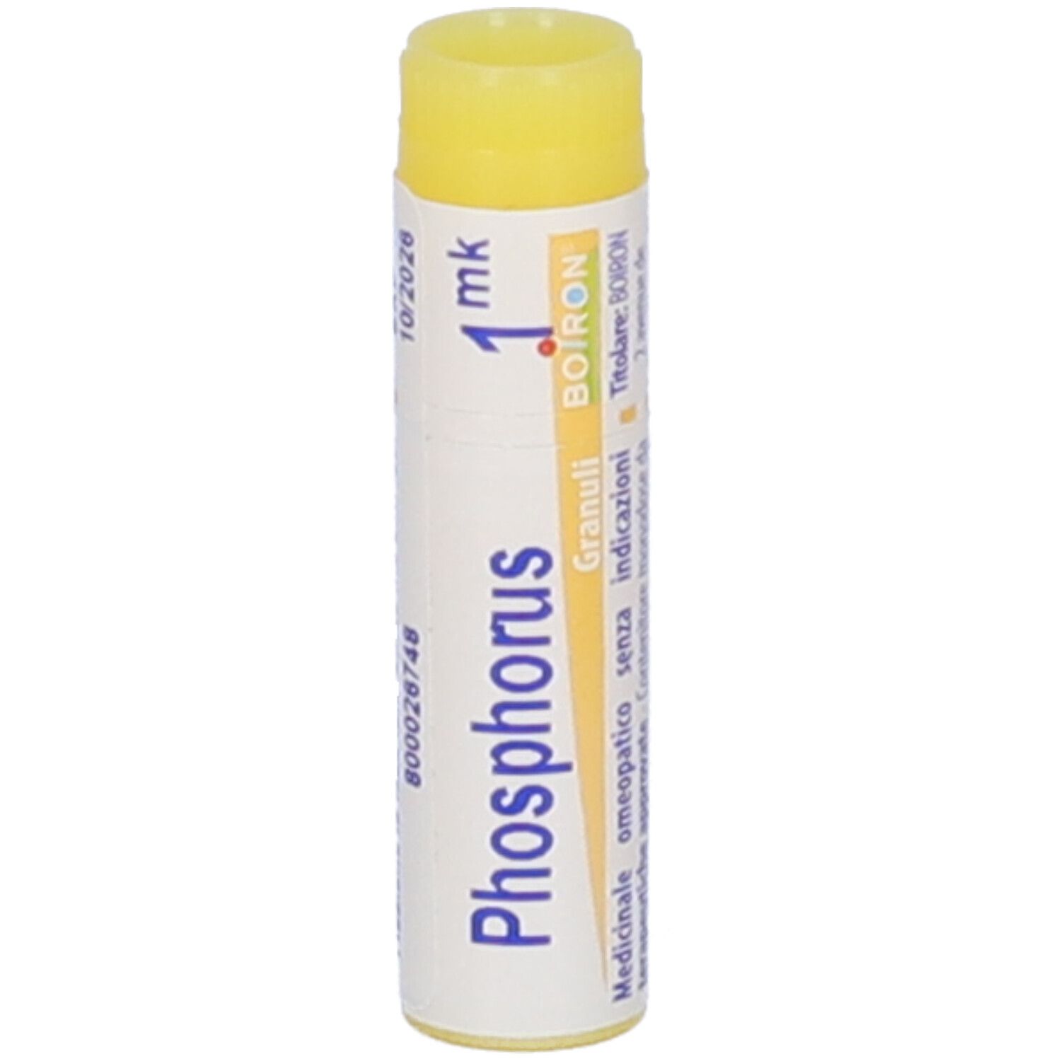 Tubo cilindrico con tappo giallo. Scritta Phosphorus 1 mk, BOIRON, Granuli. Scadenza 10/2026.