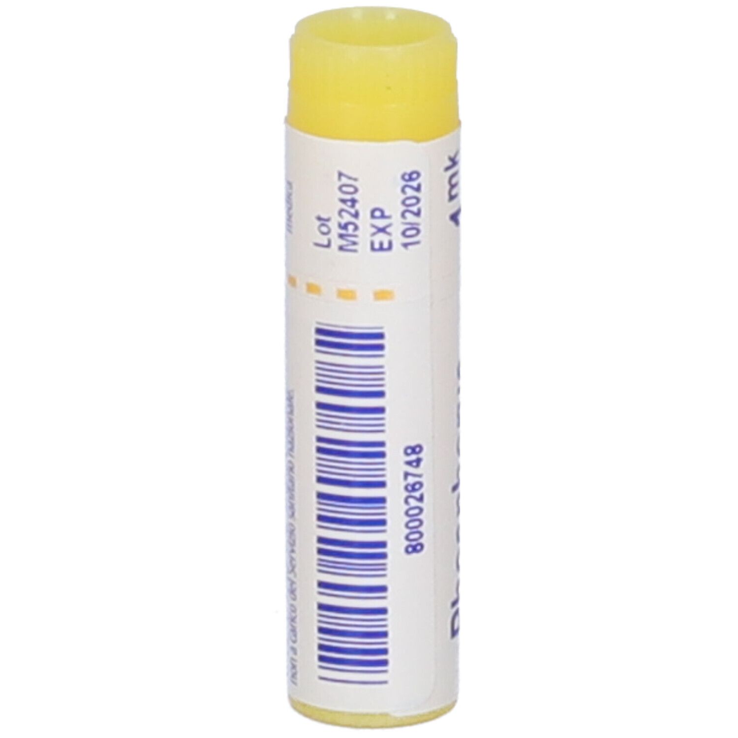 Tubo cilindrico con tappo giallo. Scritta Phosphorus 1 mk, BOIRON, Granuli. Scadenza 10/2026.