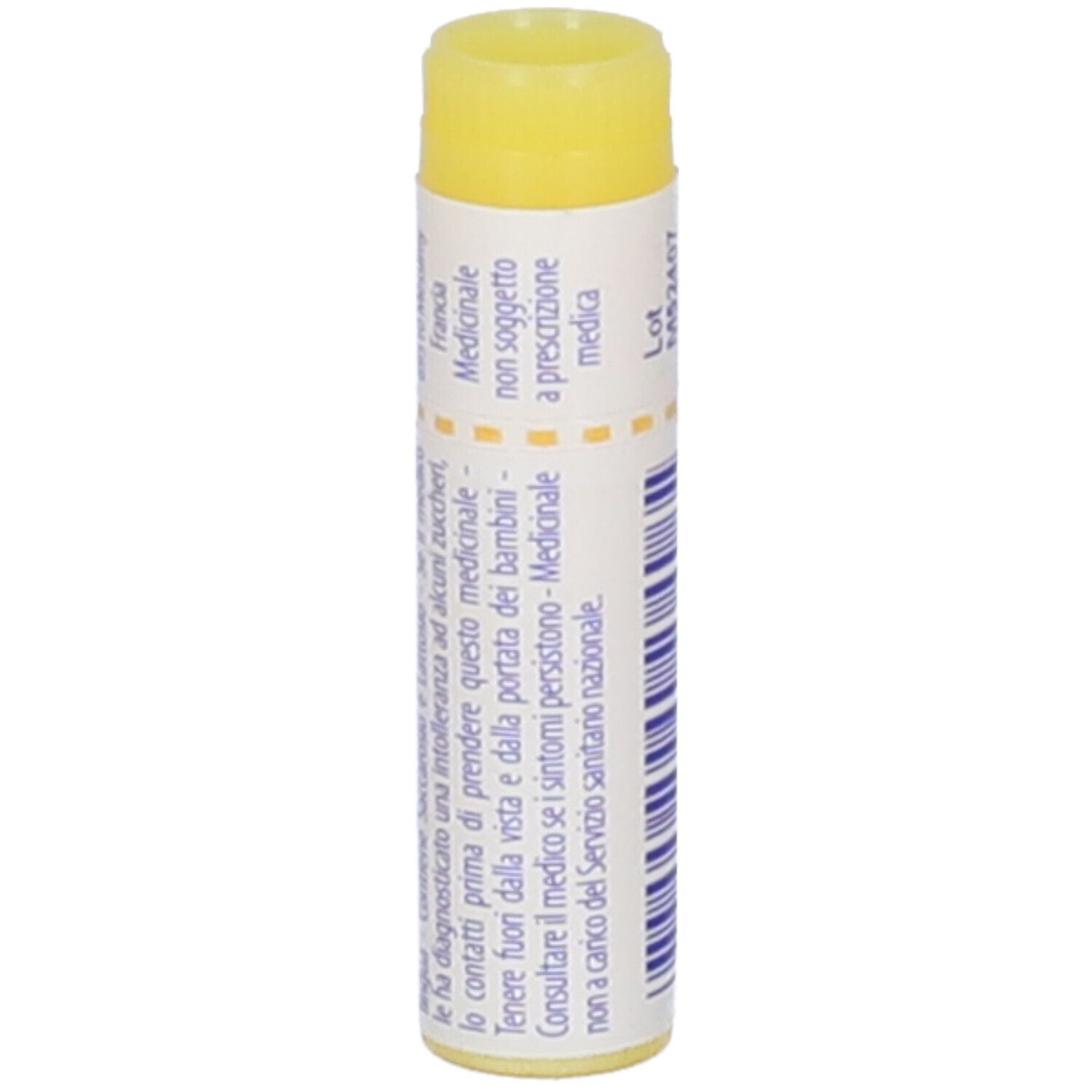 Tubo cilindrico con tappo giallo. Scritta Phosphorus 1 mk, BOIRON, Granuli. Scadenza 10/2026.