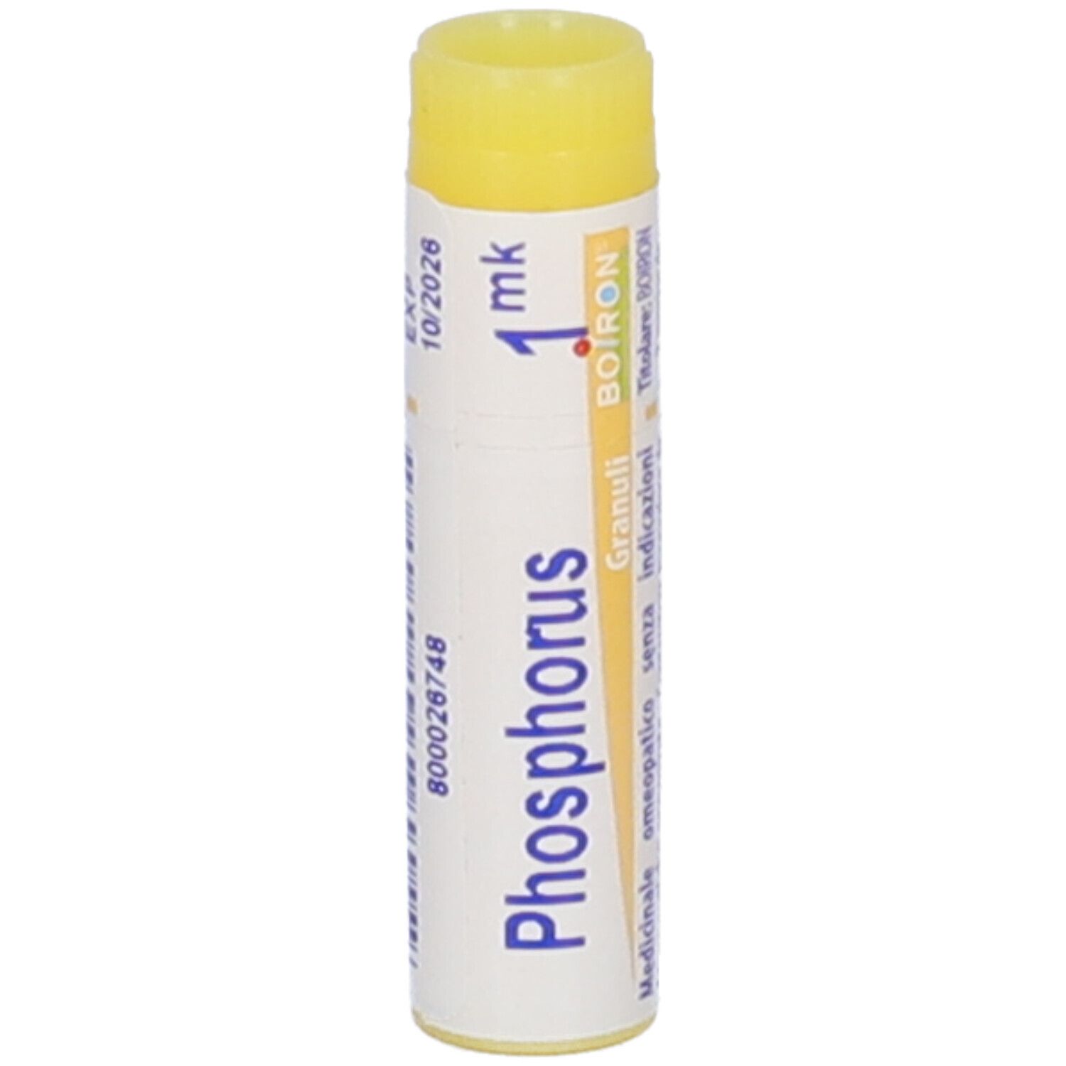 Tubo cilindrico con tappo giallo. Scritta Phosphorus 1 mk, BOIRON, Granuli. Scadenza 10/2026.