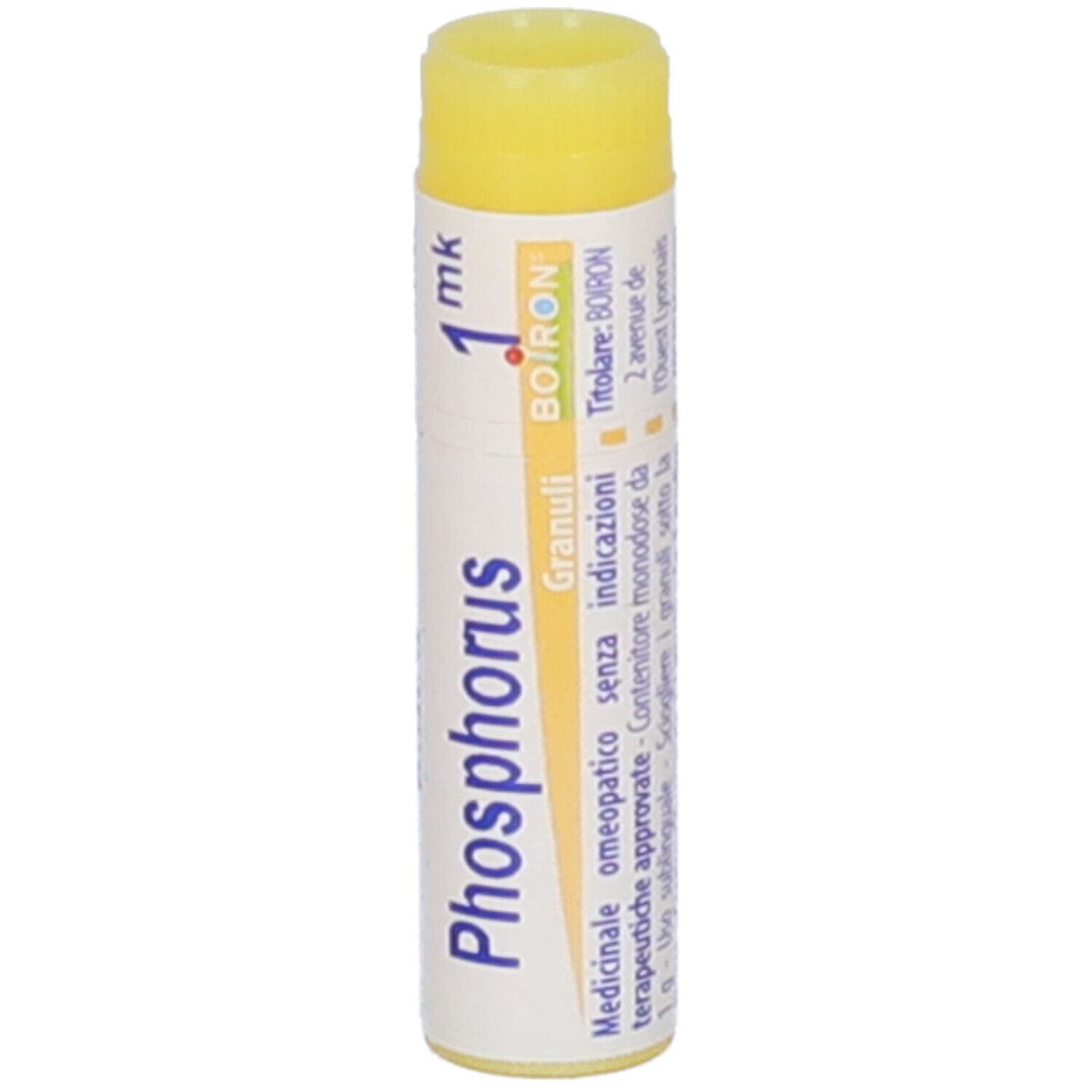 Tubo cilindrico con tappo giallo. Scritta Phosphorus 1 mk, BOIRON, Granuli. Scadenza 10/2026.