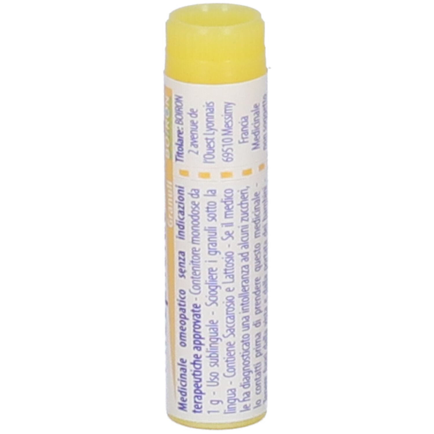 Tubo cilindrico con tappo giallo. Scritta Phosphorus 1 mk, BOIRON, Granuli. Scadenza 10/2026.