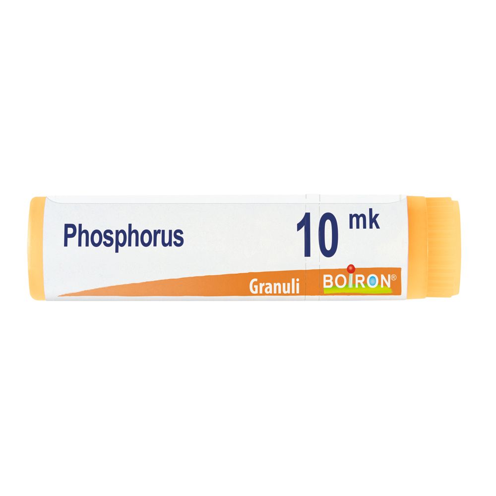 Confezione cilindrica con "Phosphorus 10 mk". Estremità arancioni. Marchio Boiron.