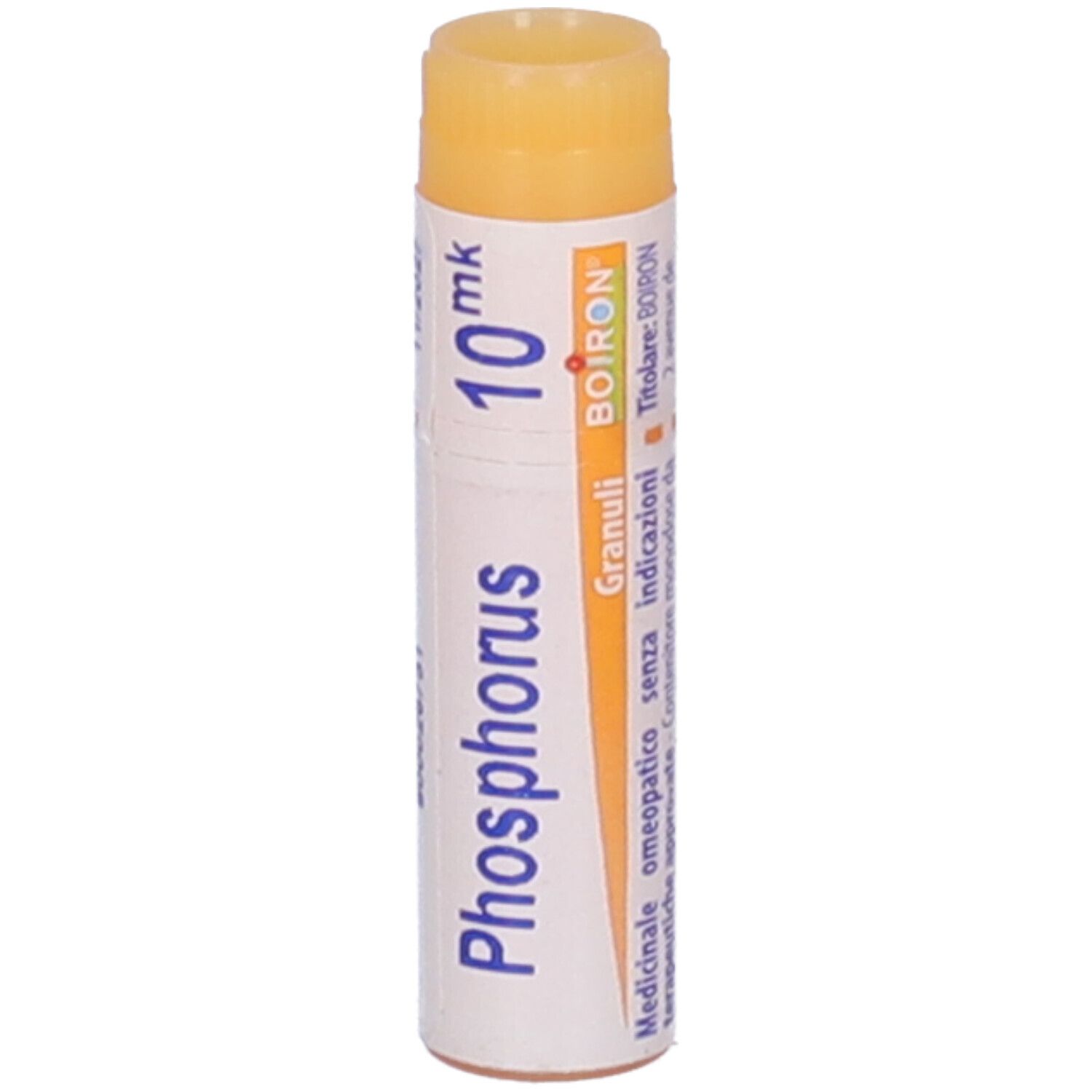Confezione cilindrica "Phosphorus 10 mk". Marchio Boiron. Coperchio arancione.