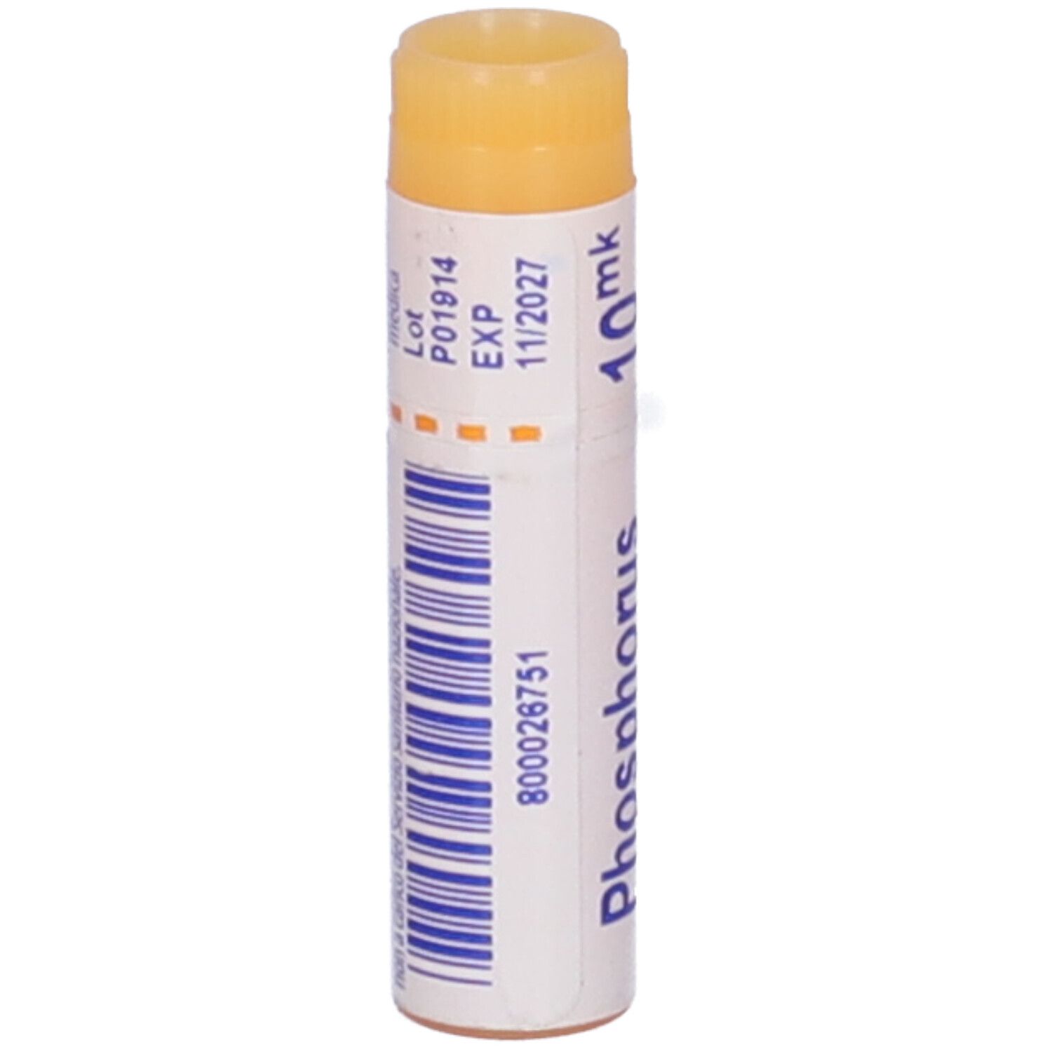 Confezione cilindrica "Phosphorus 10 mk". Coperchio arancione. Numero di lotto e scadenza.