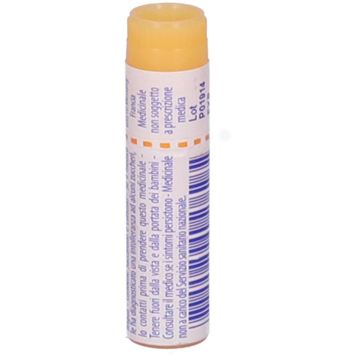 Confezione cilindrica. Testo: "Phosphorus 10 mk". Coperchio arancione. Informazioni mediche.