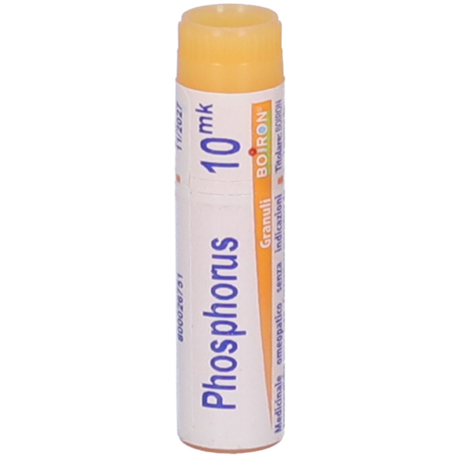 Confezione cilindrica "Phosphorus 10 mk". Marchio Boiron. Informazioni mediche.