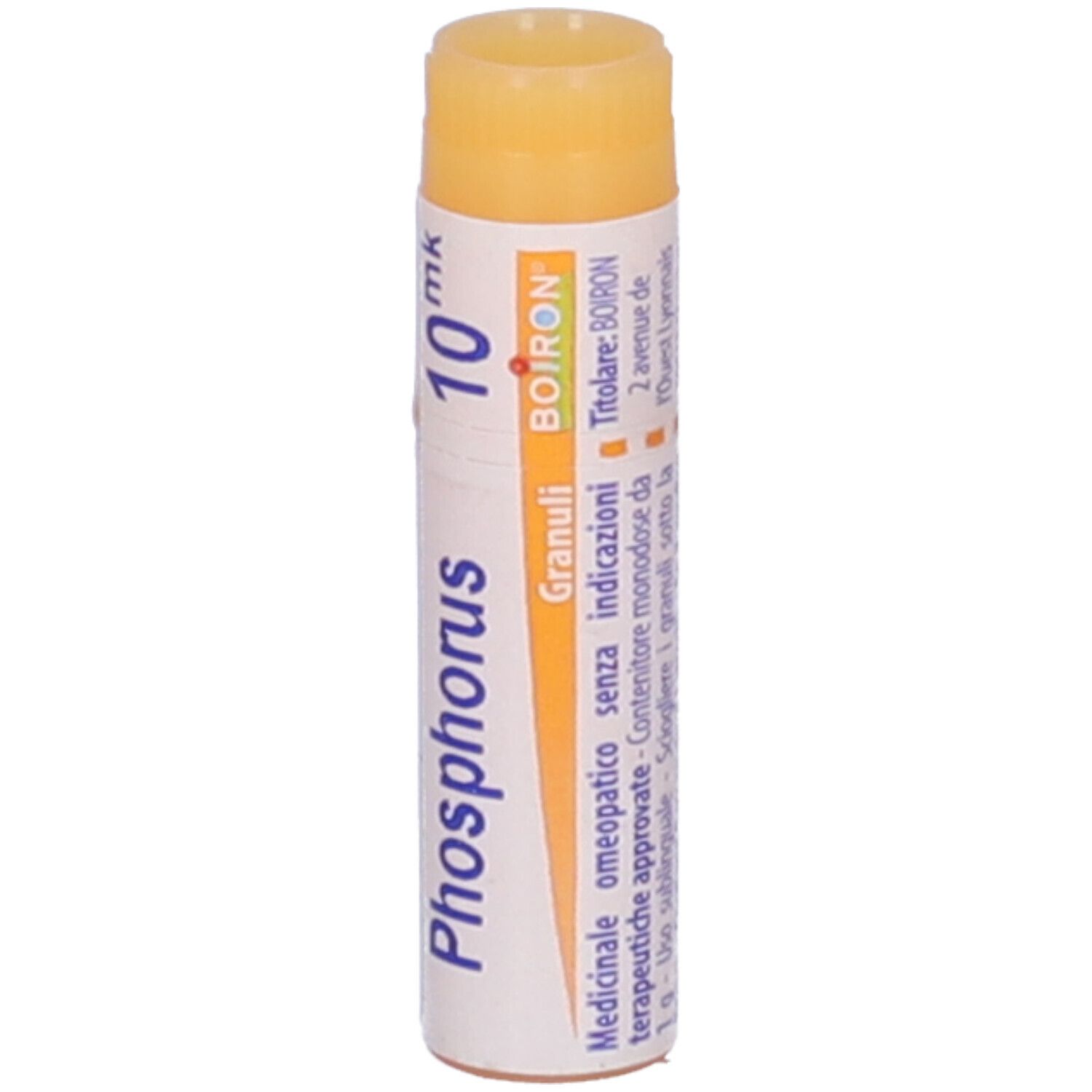 Confezione cilindrica "Phosphorus 10 mk". Marchio Boiron. Informazioni mediche.