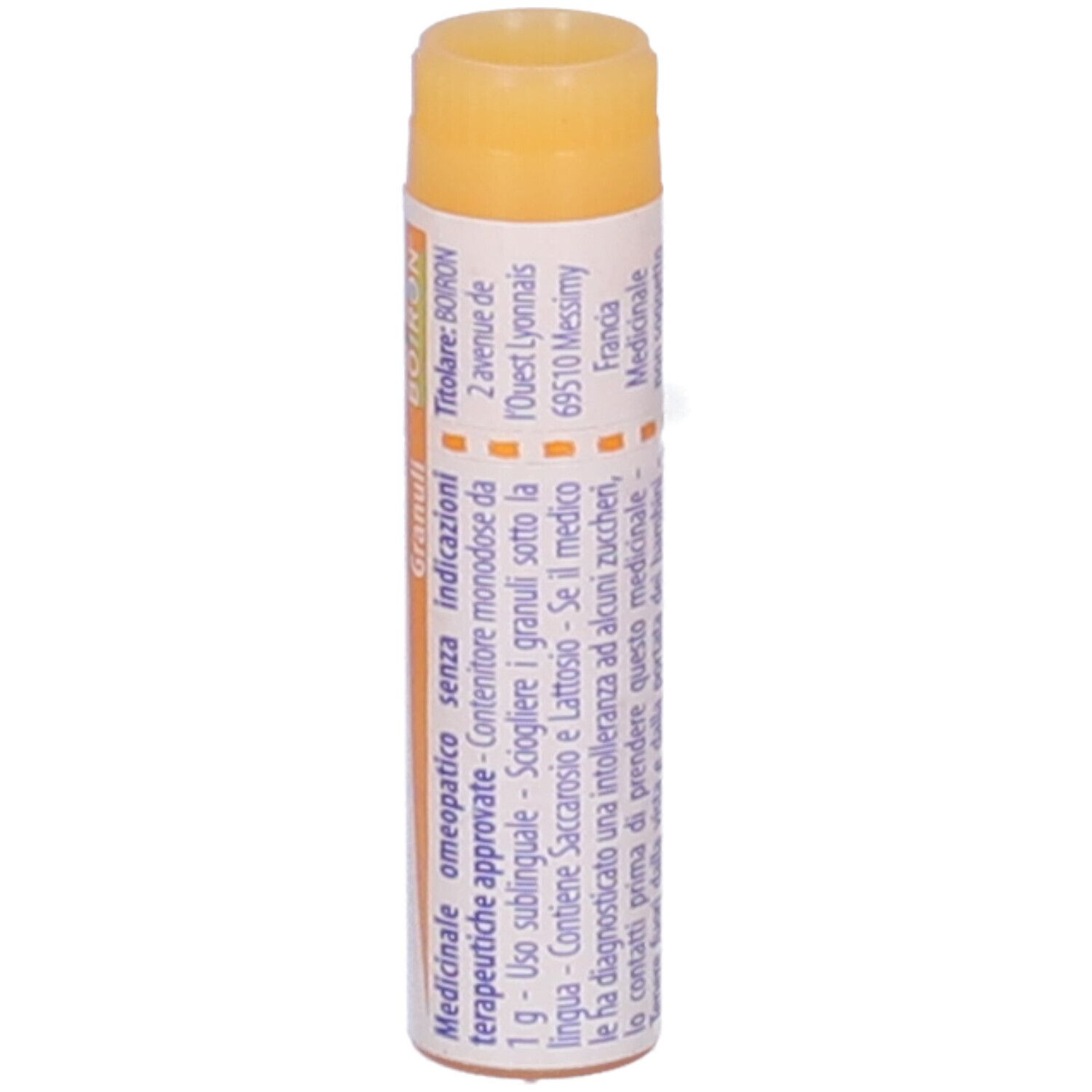 Confezione cilindrica "Phosphorus 10 mk". Marchio Boiron. Informazioni mediche e indirizzo.