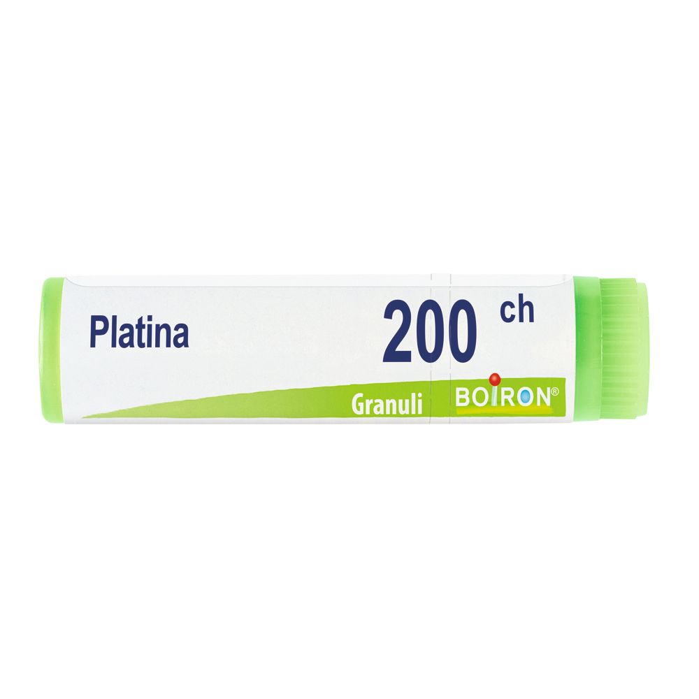 Confezione cilindrica con estremità verdi. Scritta: Platina, 200 ch, Granuli, BOIRON.