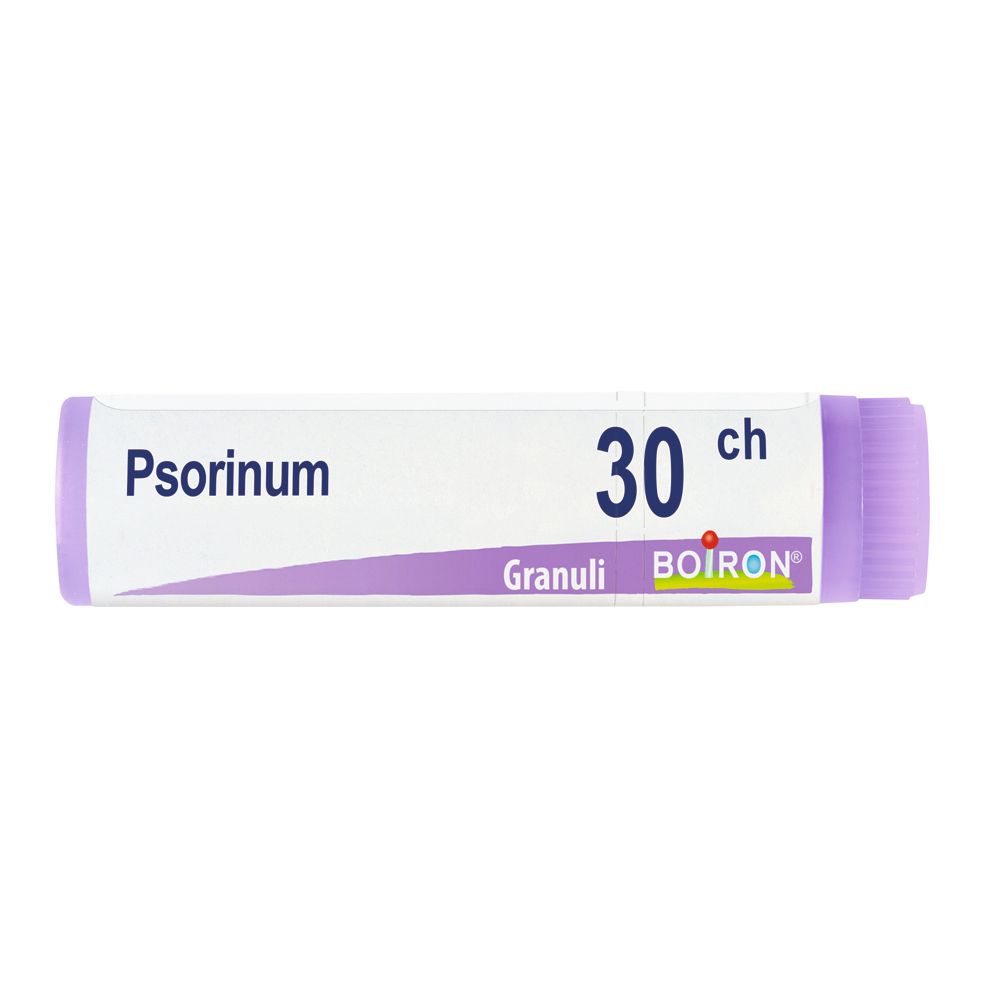 Tubo cilindrico viola. Scritta: Psorinum 30 ch, Granuli, BOIRON.