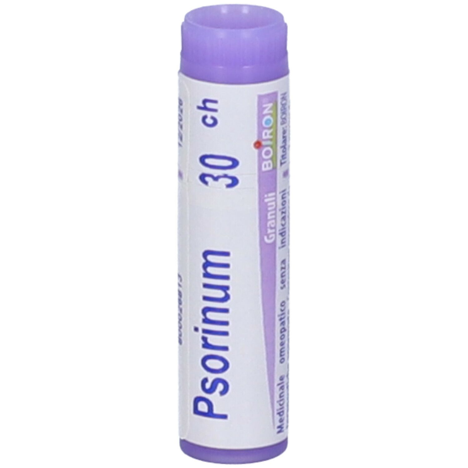 Tubo cilindrico, tappo viola. Scritta: Psorinum 30 ch, BOIRON, Granuli.