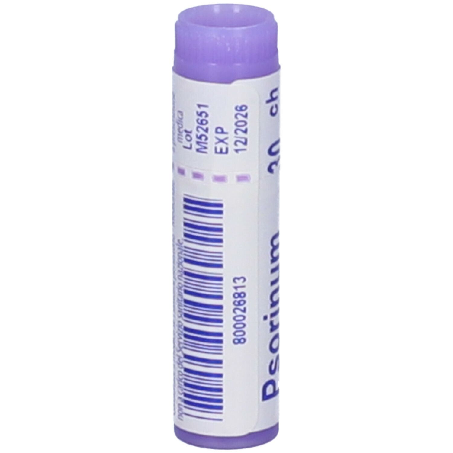 Tubo cilindrico, tappo viola. Scritta: Psorinum 30 ch, codice a barre, EXP 12/2026.