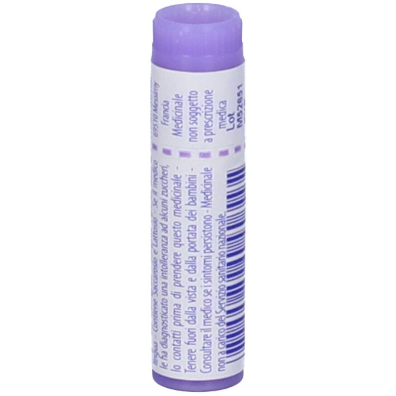 Tubo cilindrico, tappo viola. Testo in francese. Codice a barre, Lotto M52651.